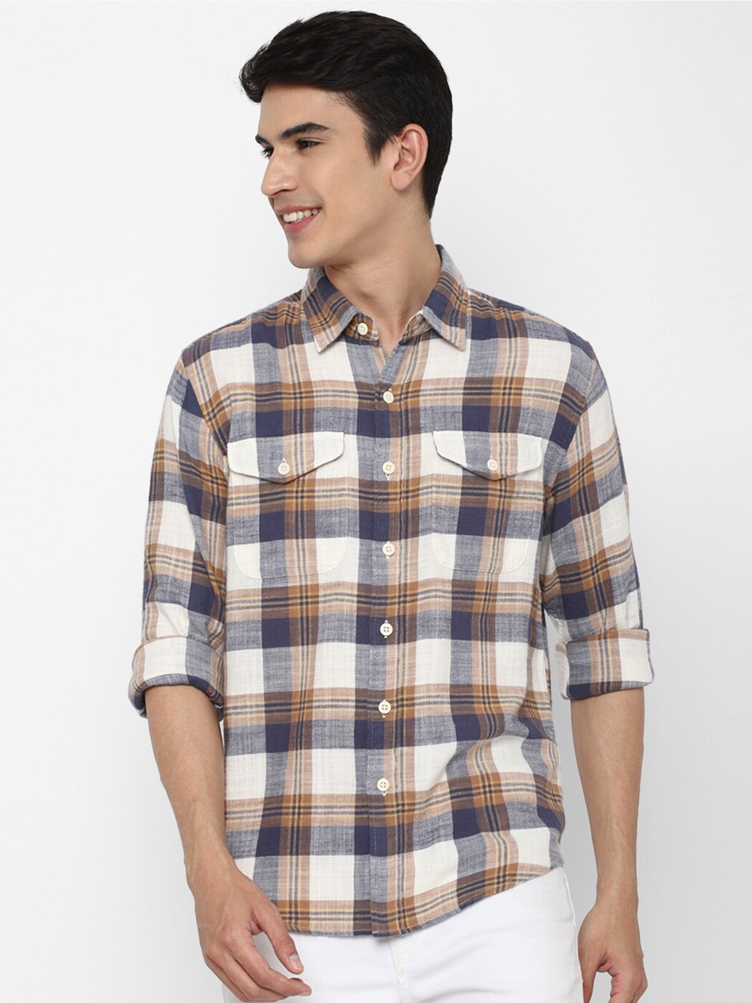 

AMERICAN EAGLE OUTFITTERS Men Tartan Checks Pure Cotton Casual Shirt, Beige