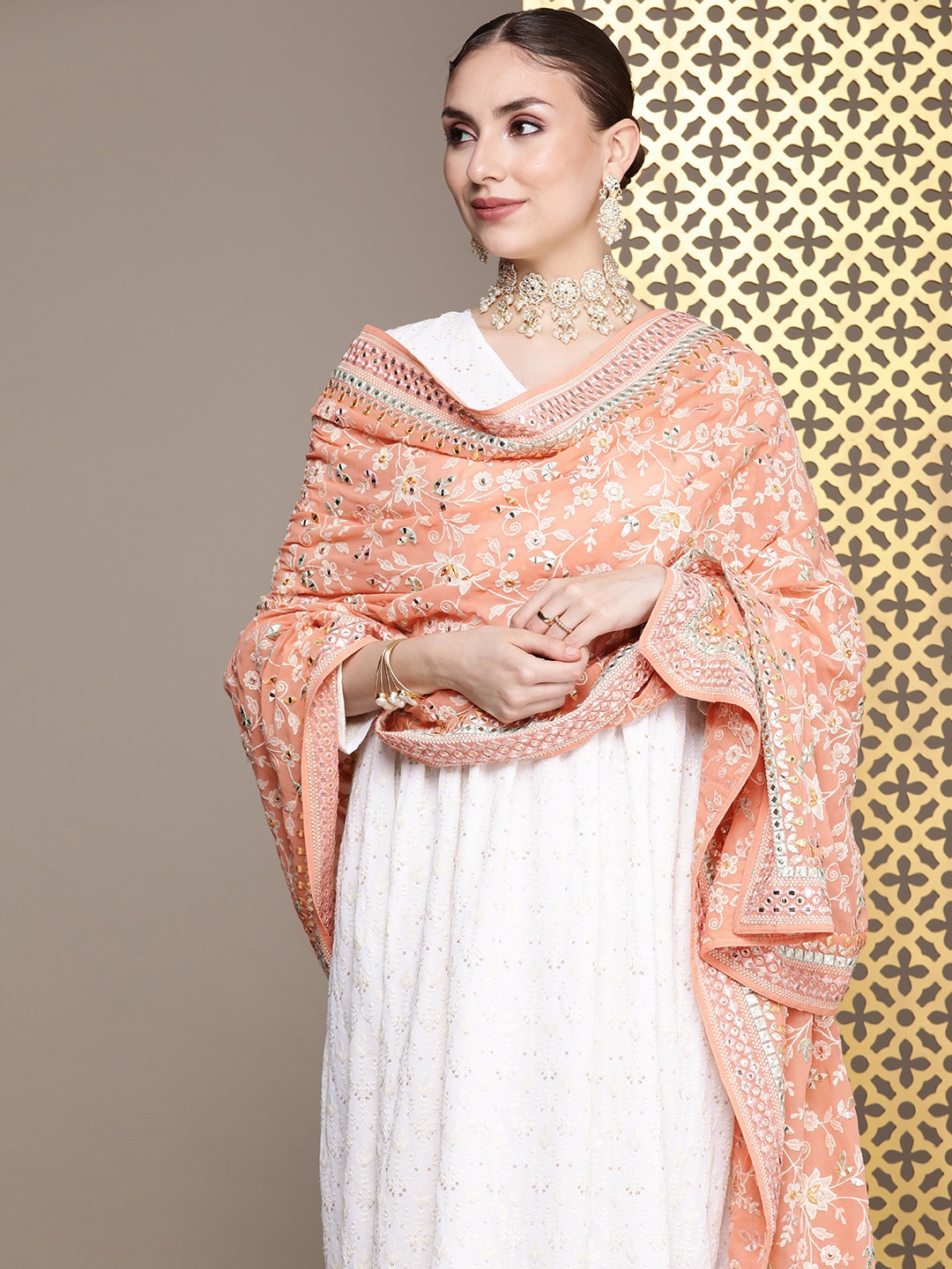 

House of Pataudi Rozana Floral Embroidered Dupatta, Orange