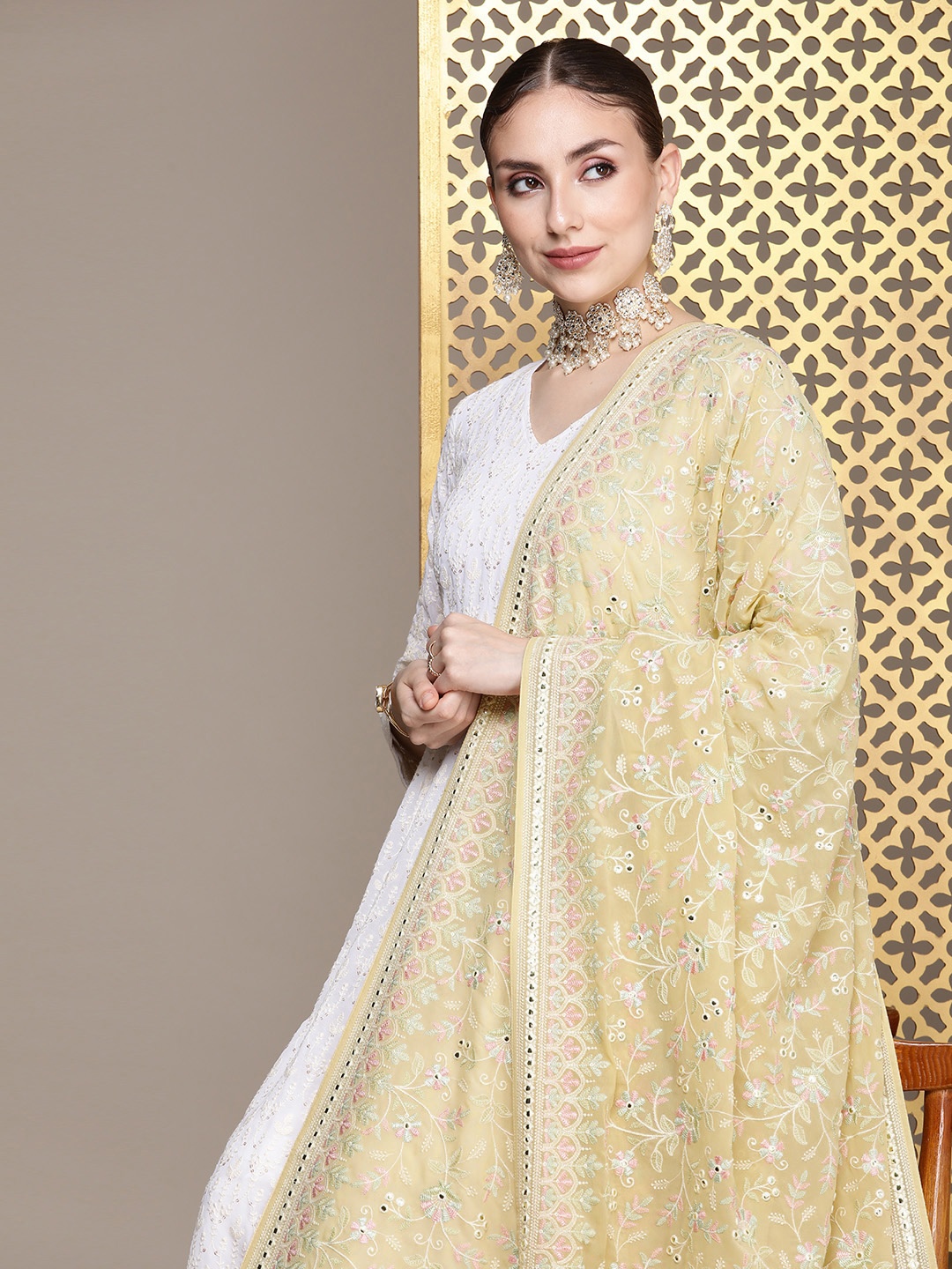 

House of Pataudi Rozana Floral Embroidered Dupatta, Yellow