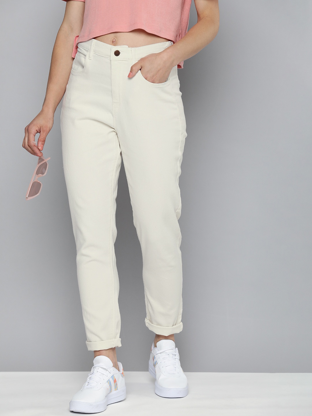 

HERE&NOW Women Relaxed Fit High-Rise Stretchable Jeans, Cream