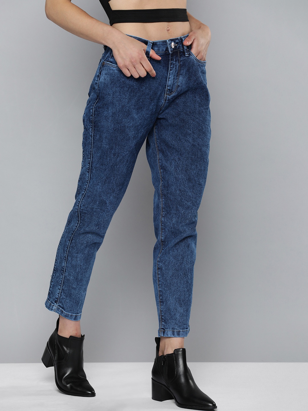 

HERE&NOW Women Mom Fit High-Rise Light Fade Stretchable Jeans, Blue