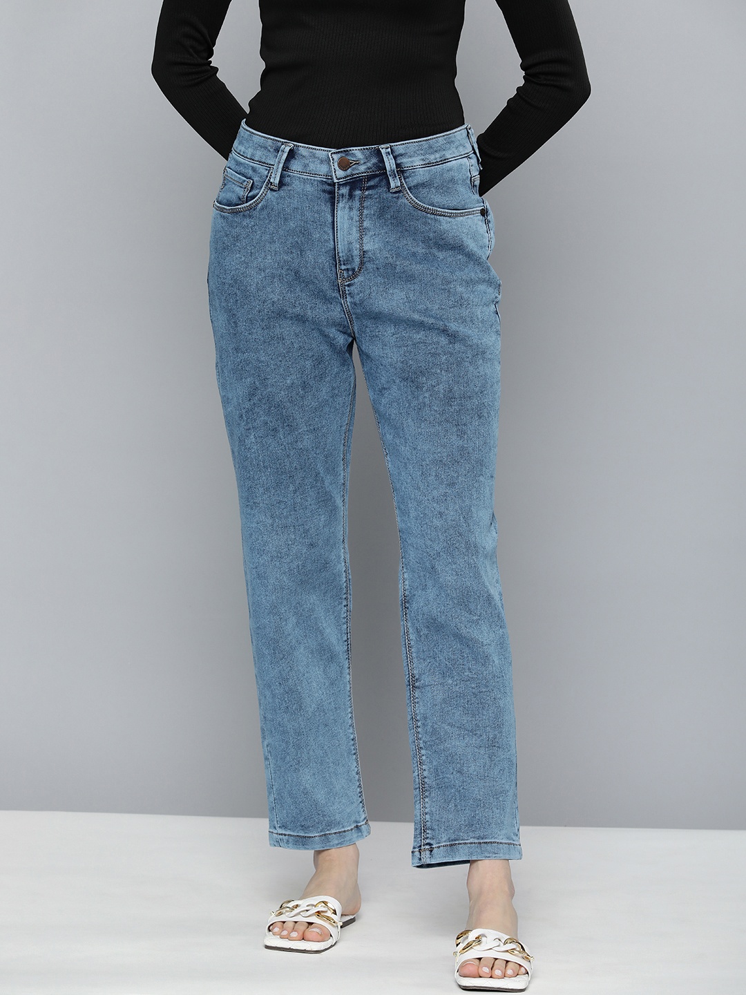 

HERE&NOW Women Boyfriend Fit Heavy Fade Acid Wash Stretchable Jeans, Blue