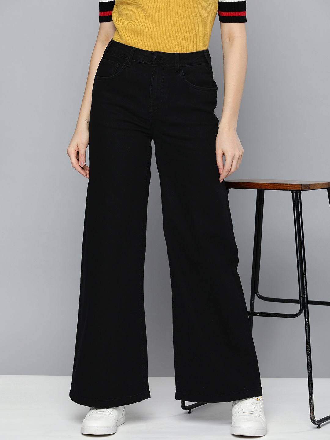

HERE&NOW Women Wide Leg Mid-Rise Stretchable Jeans, Black