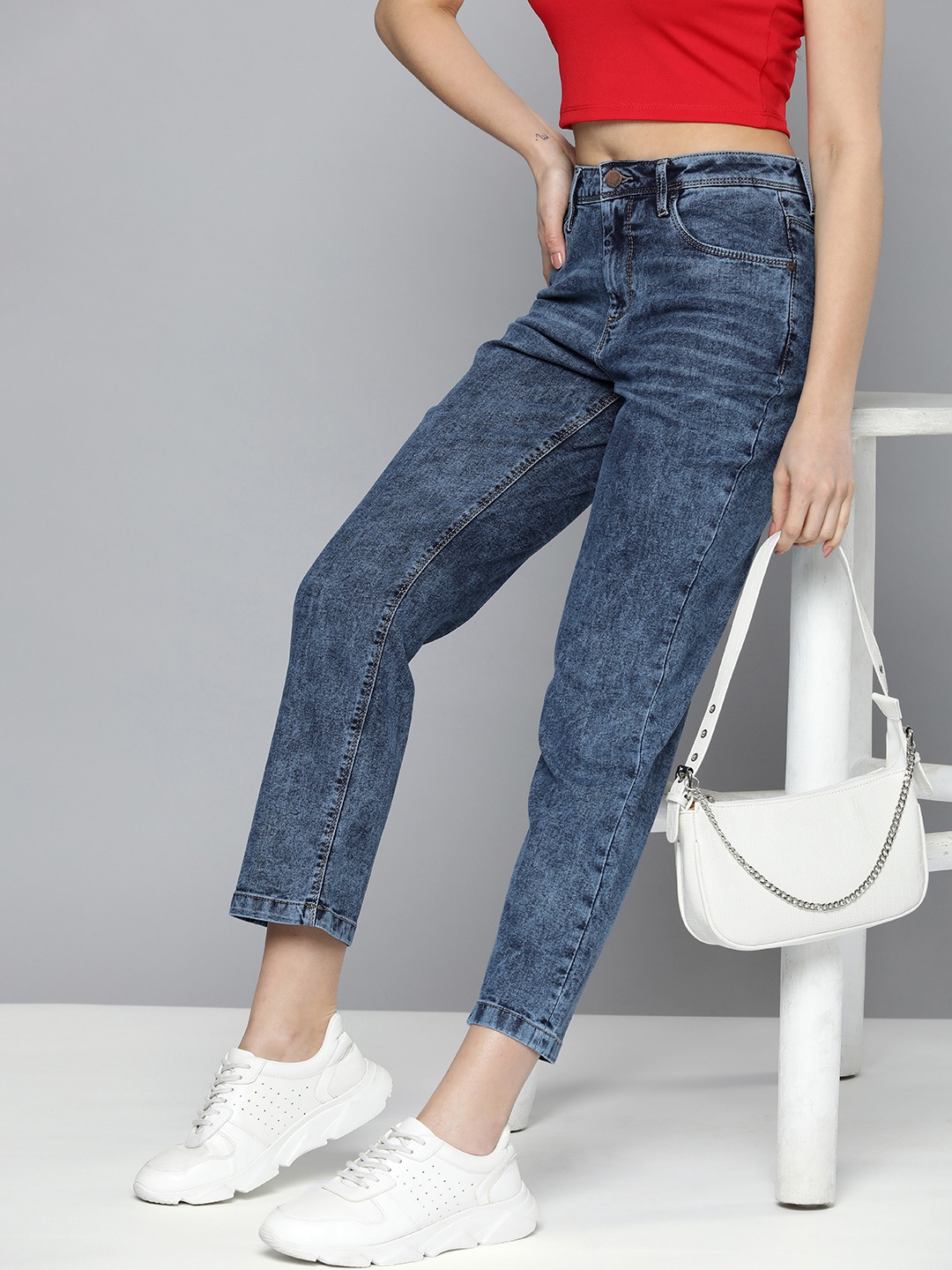 

HERE&NOW Women Acid Wash Mid-Rise Stretchable Jeans, Blue