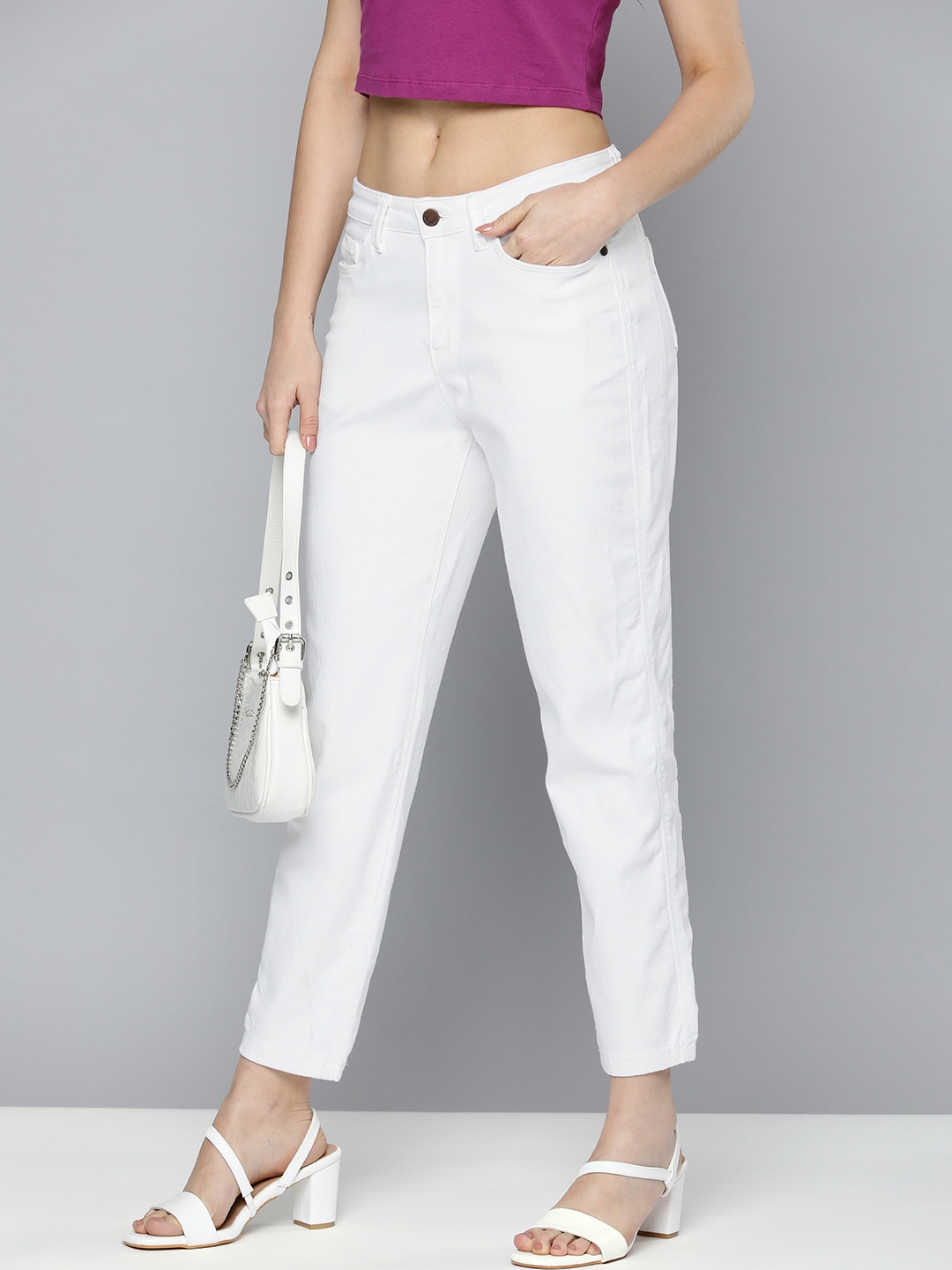 

HERE&NOW Women Mom Fit High-Rise Stretchable Jeans, White