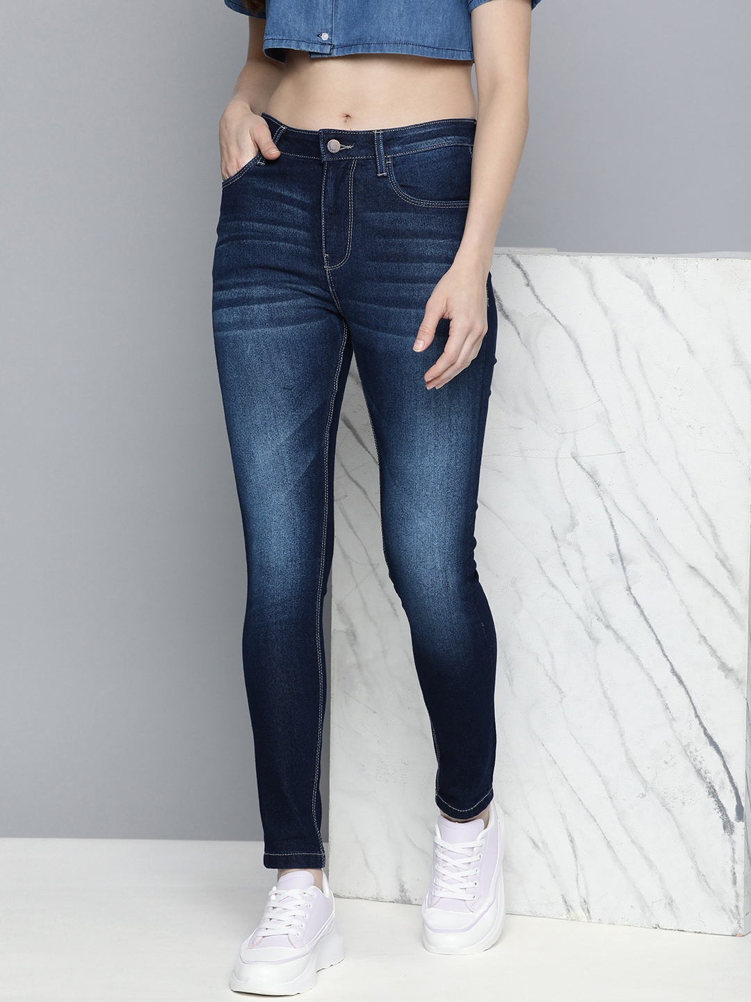 

HERE&NOW Women Mid-Rise Super Skinny Fit Heavy Fade Stretchable Jeans, Blue