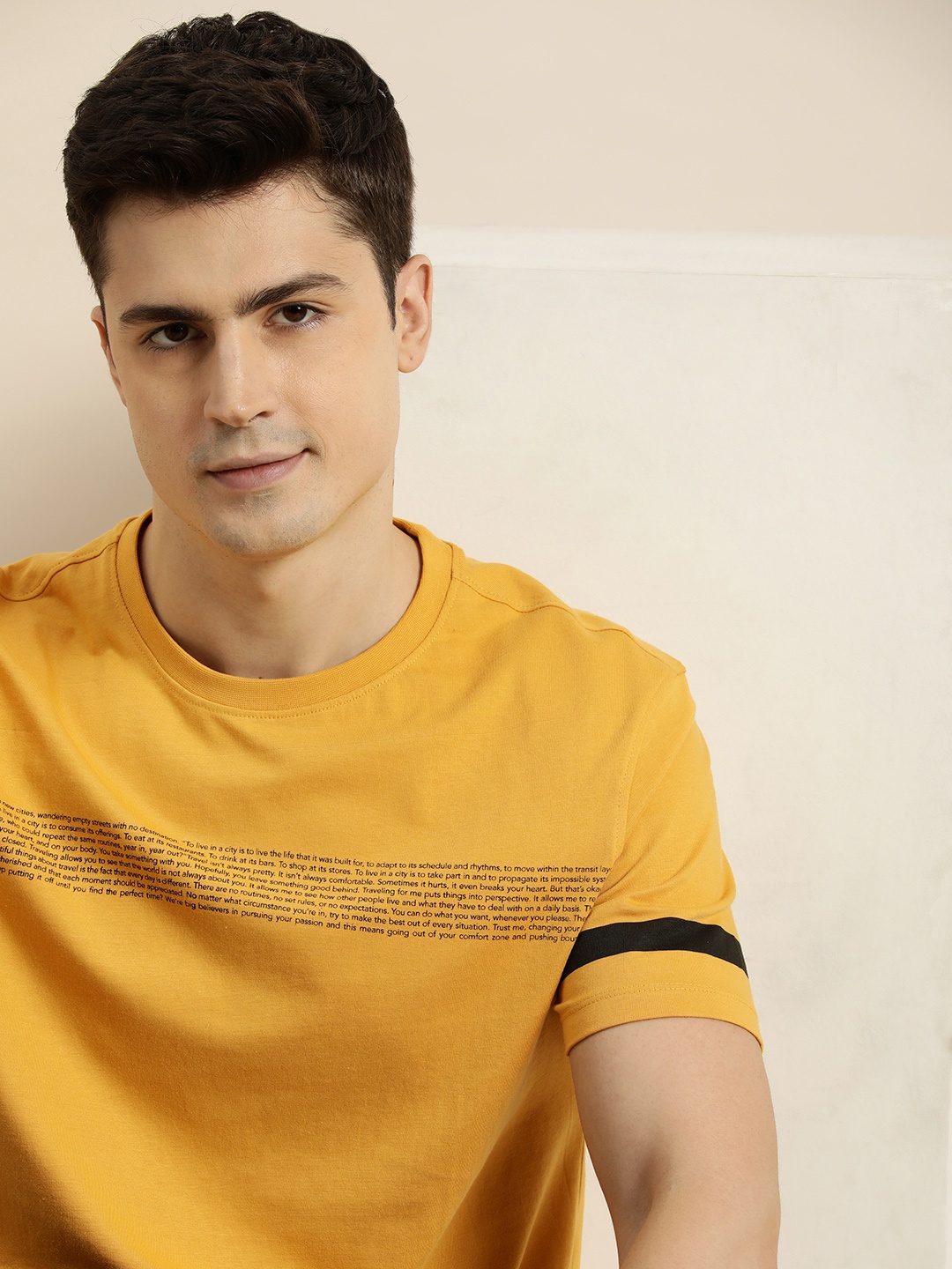 

INVICTUS Typography Printed Pure Cotton T-shirt, Mustard