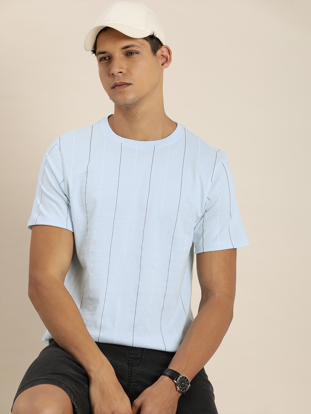 

INVICTUS Pure Cotton Round Neck Striped Casual T-shirt, Blue
