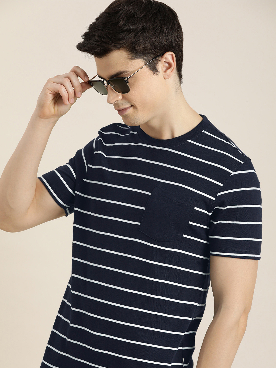 

INVICTUS Striped Pure Cotton With Chest Pocket T-shirt, Navy blue