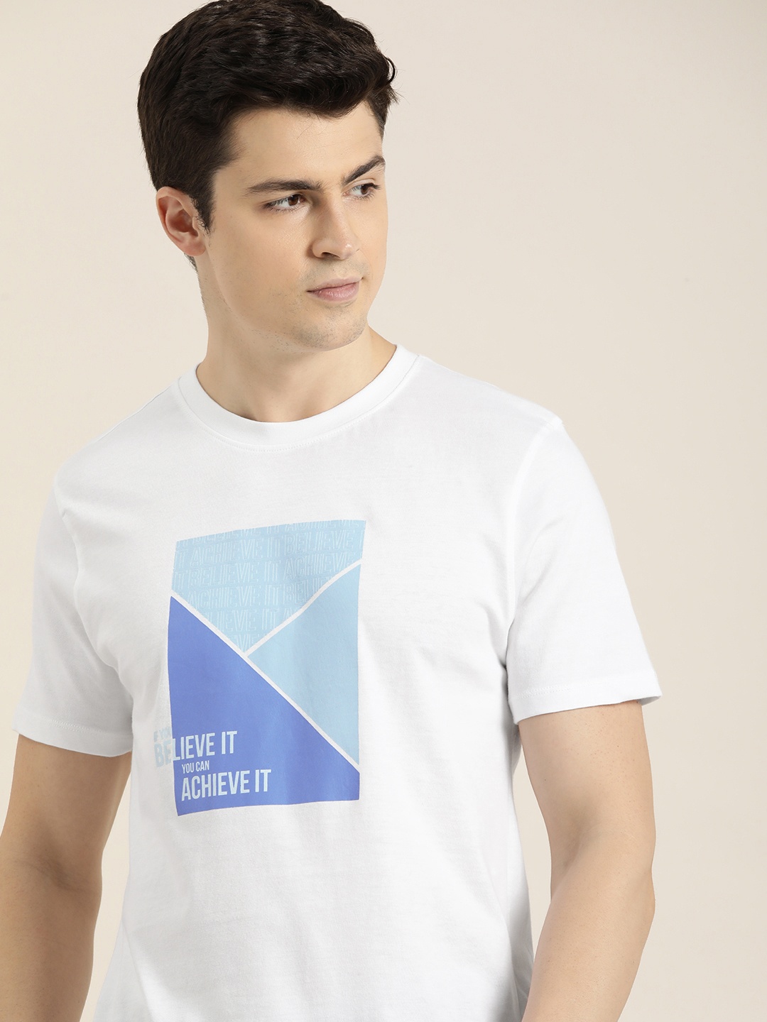 

INVICTUS Geometric & Typography Printed Pure Cotton T-shirt, White