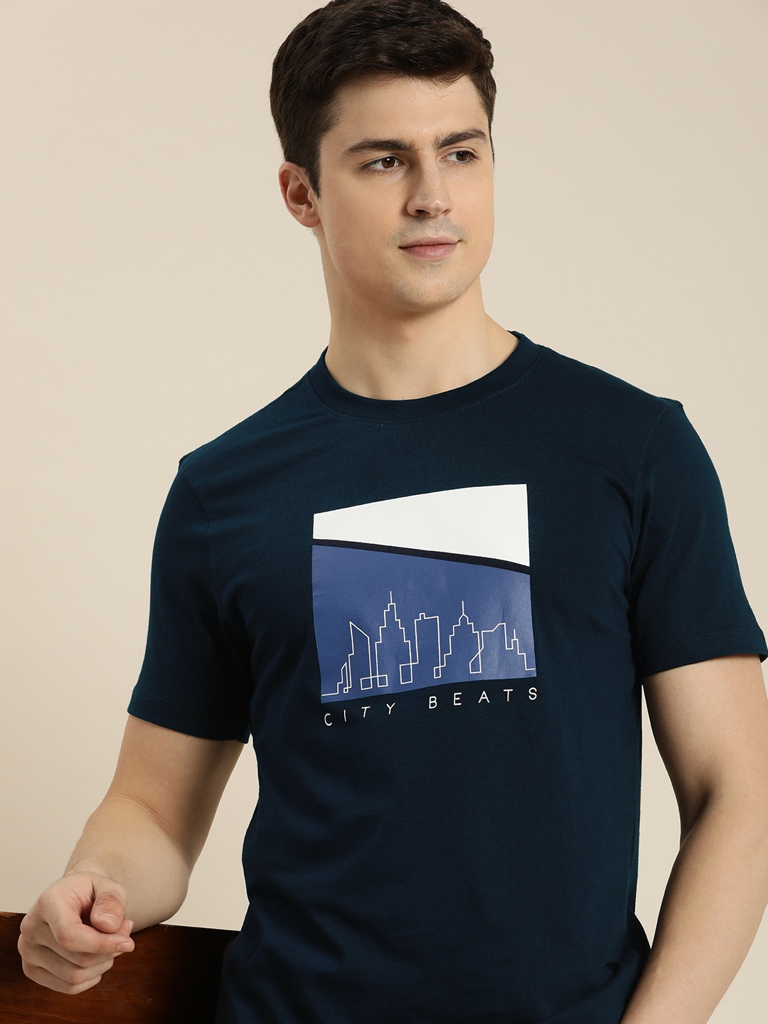 

INVICTUS Pure Cotton Graphic Printed Casual T-shirt, Navy blue