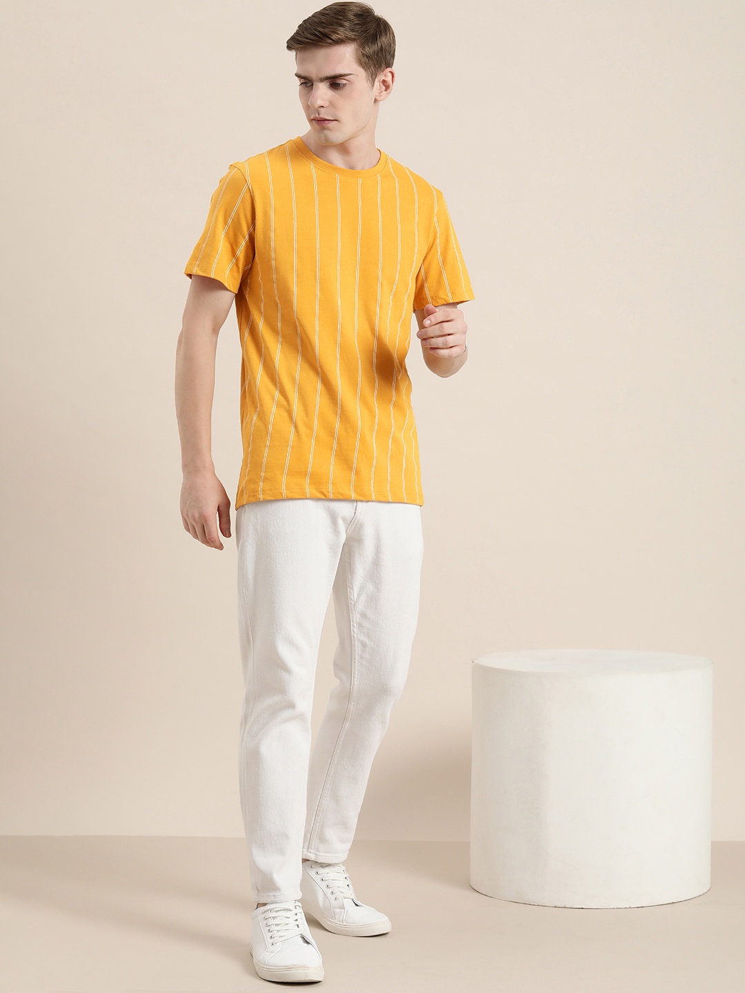 

INVICTUS Striped Pure Cotton T-shirt, Yellow