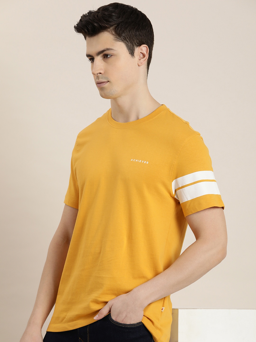 

INVICTUS Round Neck Pure Cotton T-shirt, Mustard