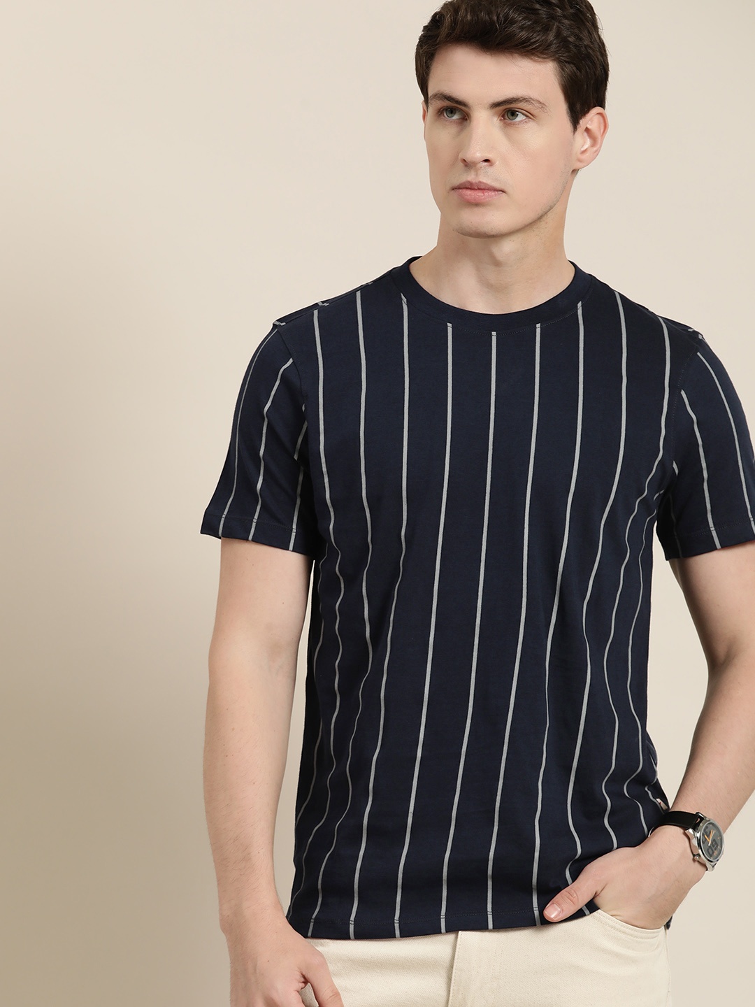 

INVICTUS Pure Cotton Striped T-shirt, Navy blue