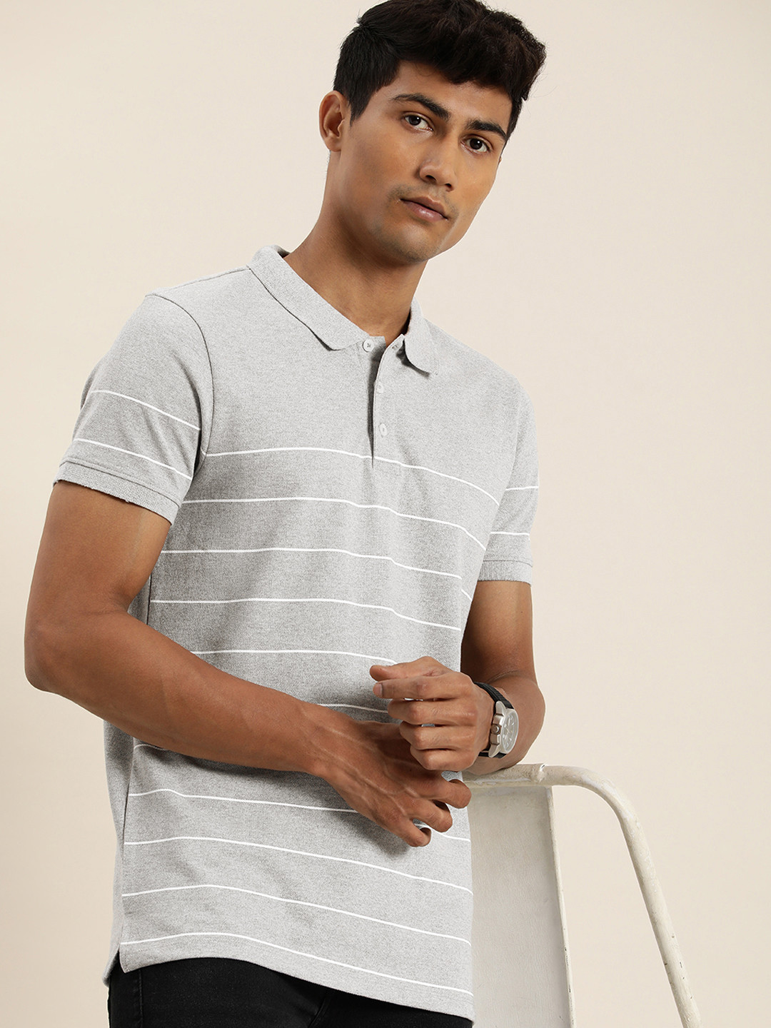 

INVICTUS Striped Polo Collar T-shirt, Grey