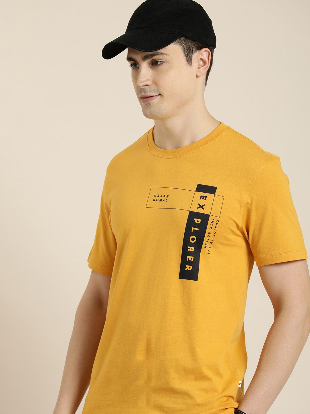 

INVICTUS Typography Printed Pure Cotton T-shirt, Mustard