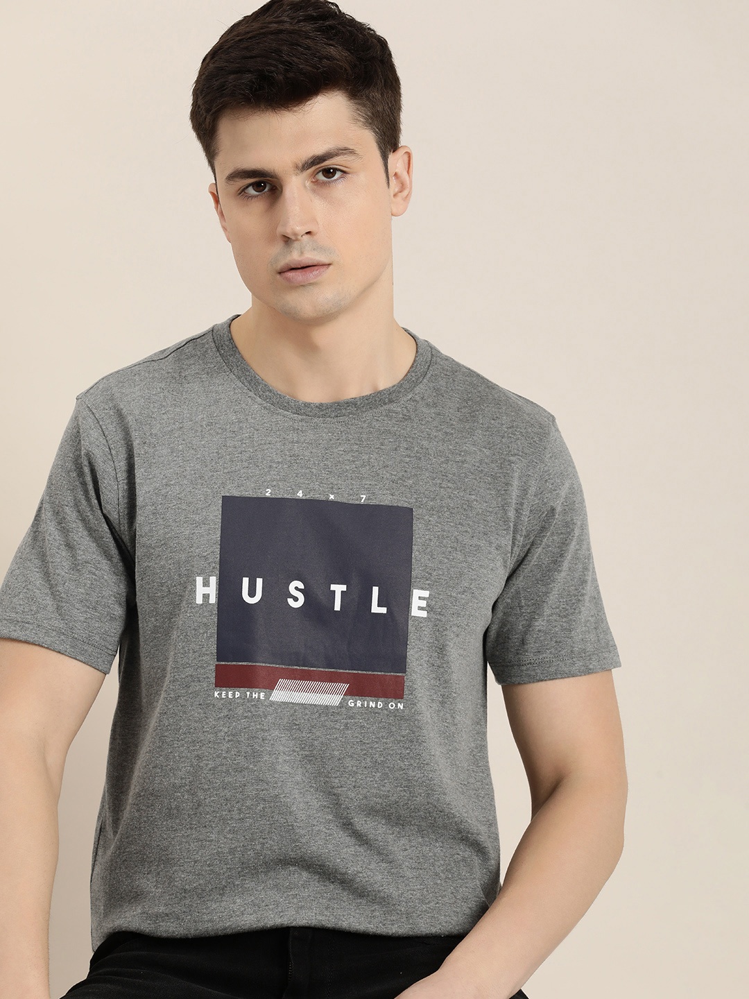 

INVICTUS Typography Printed T-shirt, Grey melange