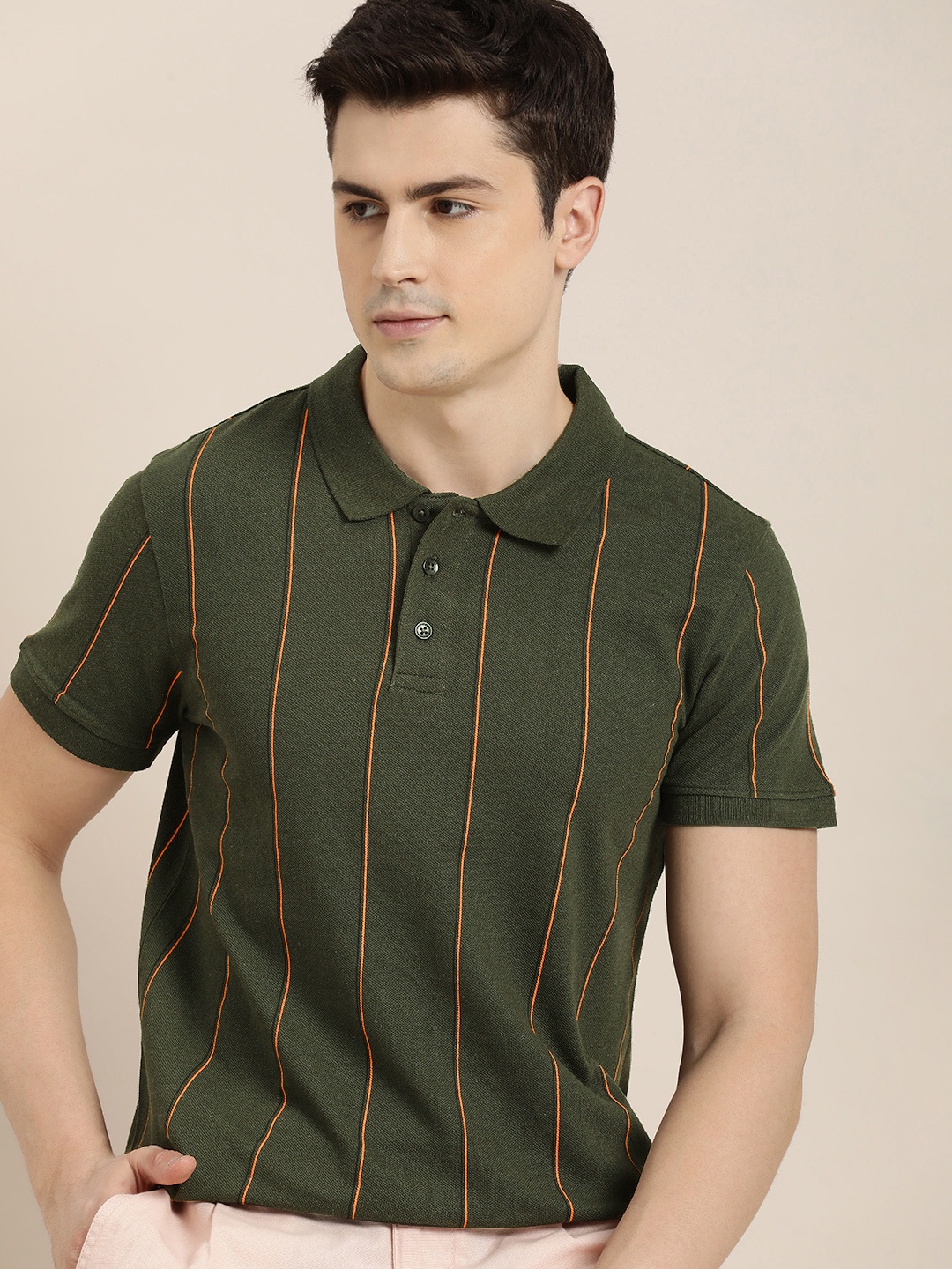 

INVICTUS Short Sleeves Striped Polo Collar T-shirt, Olive