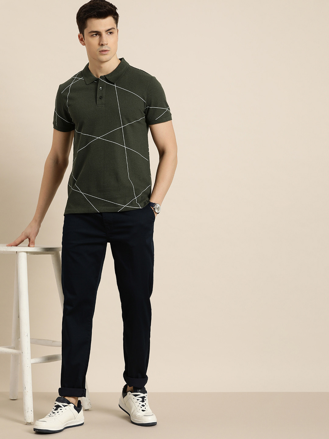 

INVICTUS Geometric Printed Polo Collar T-shirt, Olive