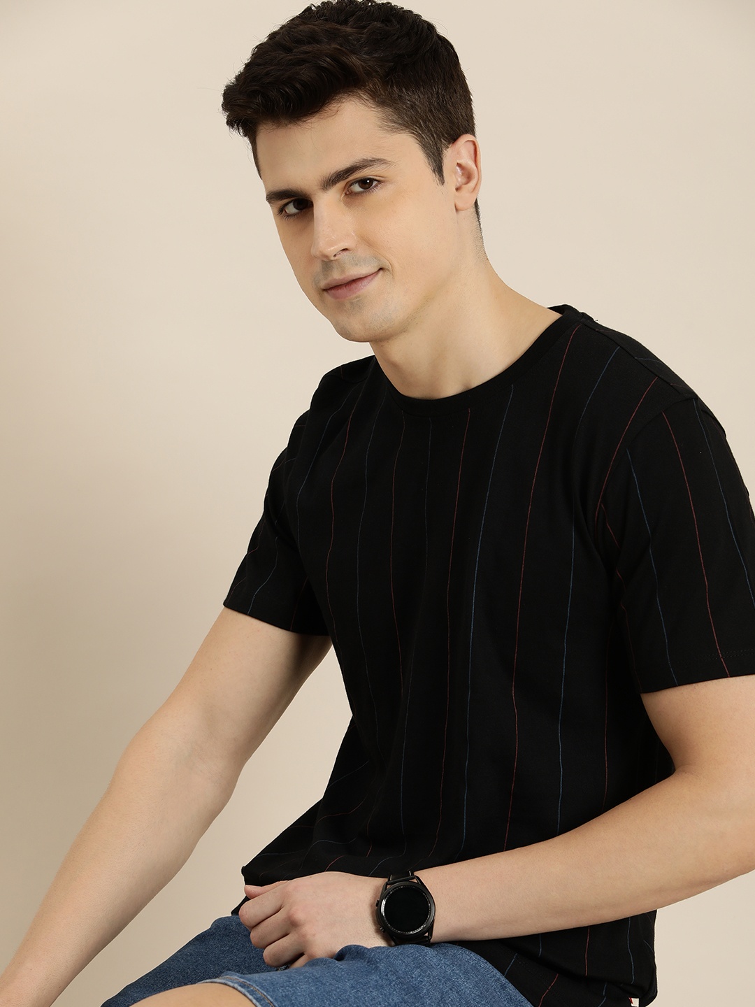 

INVICTUS Striped Pure Cotton T-shirt, Black