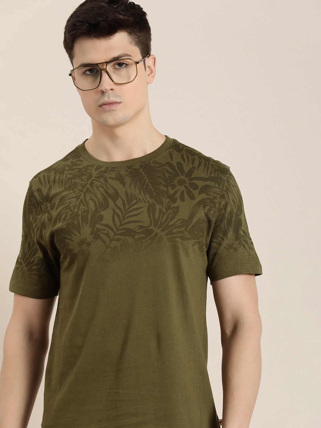 

INVICTUS Floral Printed Pure Cotton T-shirt, Olive