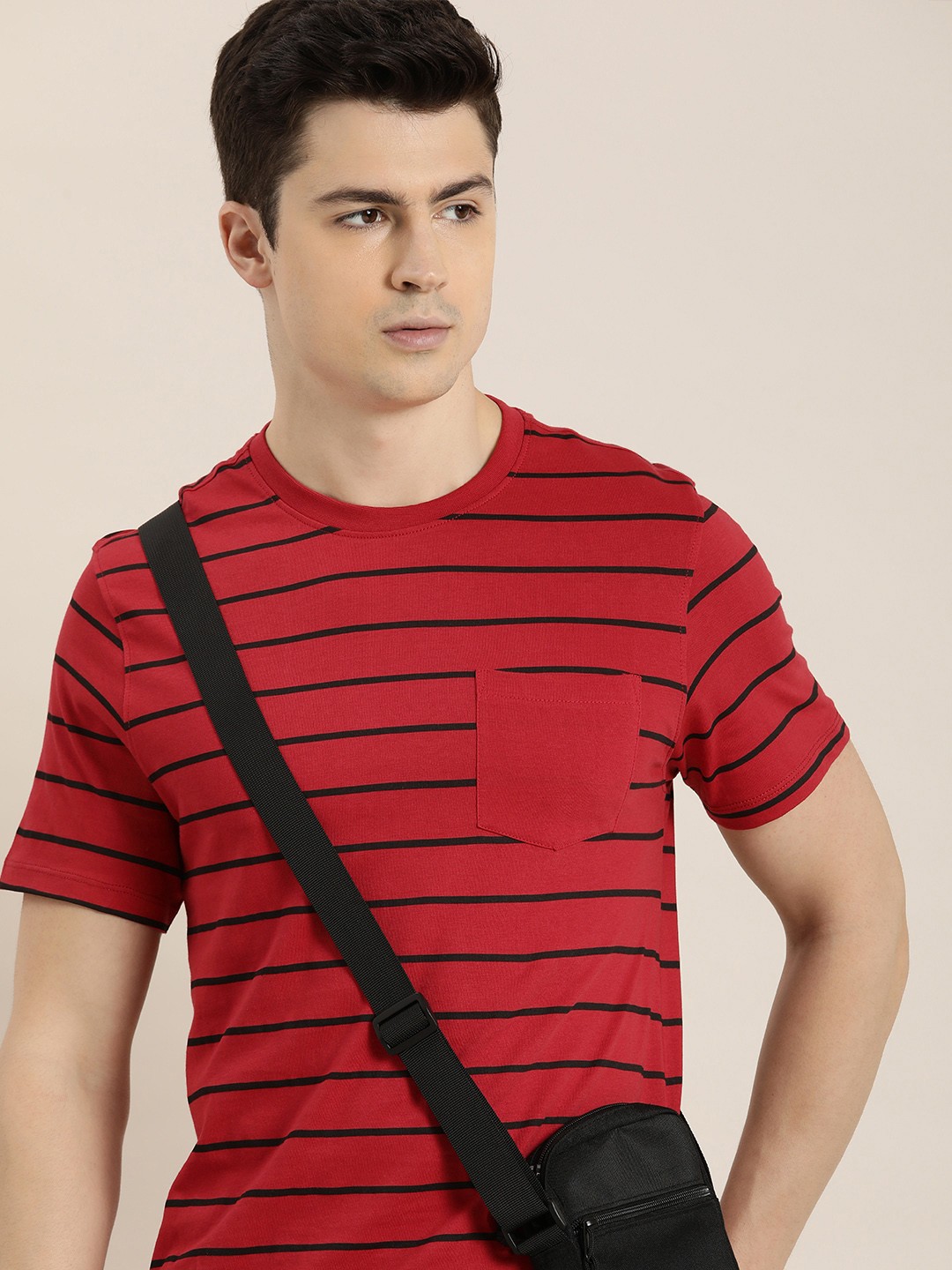 

INVICTUS Striped Pure Cotton T-shirt With Chest Pocket, Red