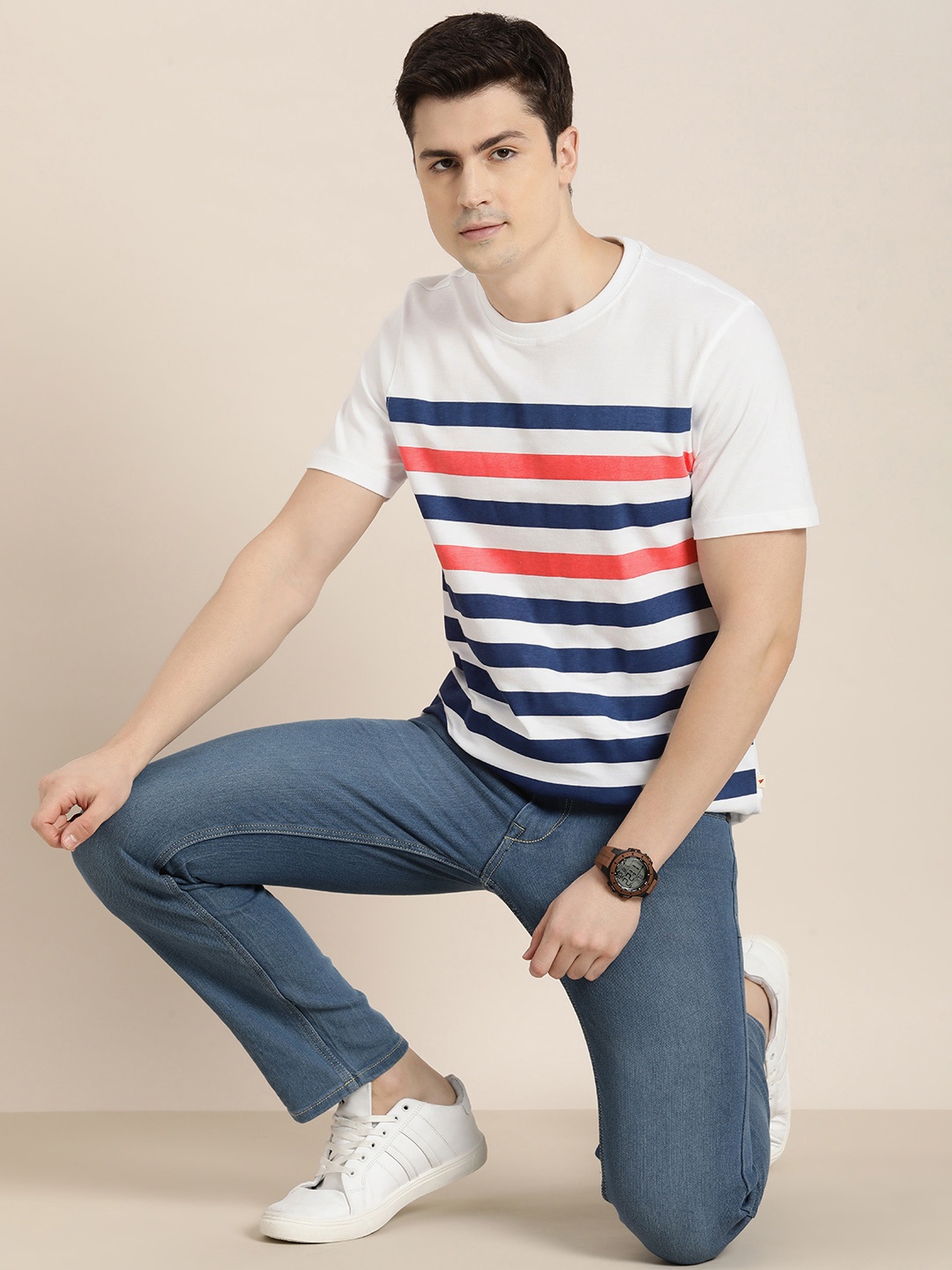 

INVICTUS Round Neck Striped Pure Cotton T-shirt, White