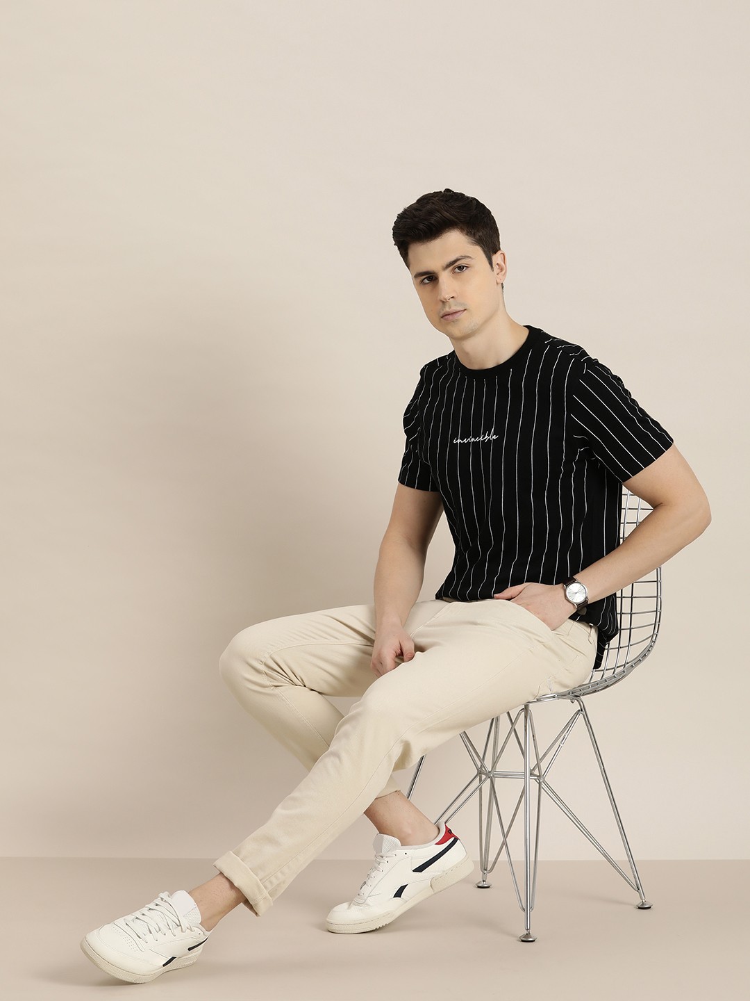

INVICTUS Striped Pure Cotton T-shirt, Black