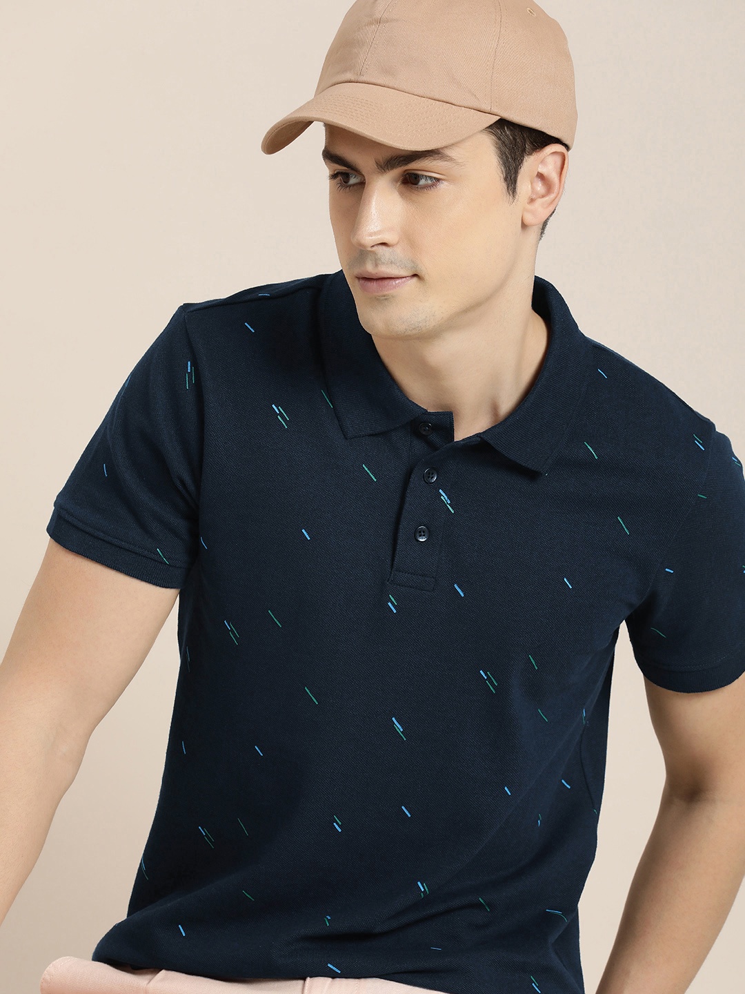 

INVICTUS Short Sleeves Geometric Printed Polo Collar T-shirt, Navy blue