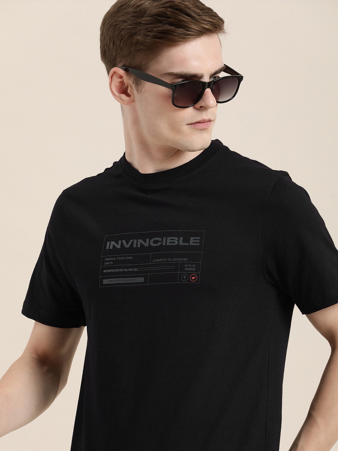 

INVICTUS Typography Printed Pure Cotton T-shirt, Black