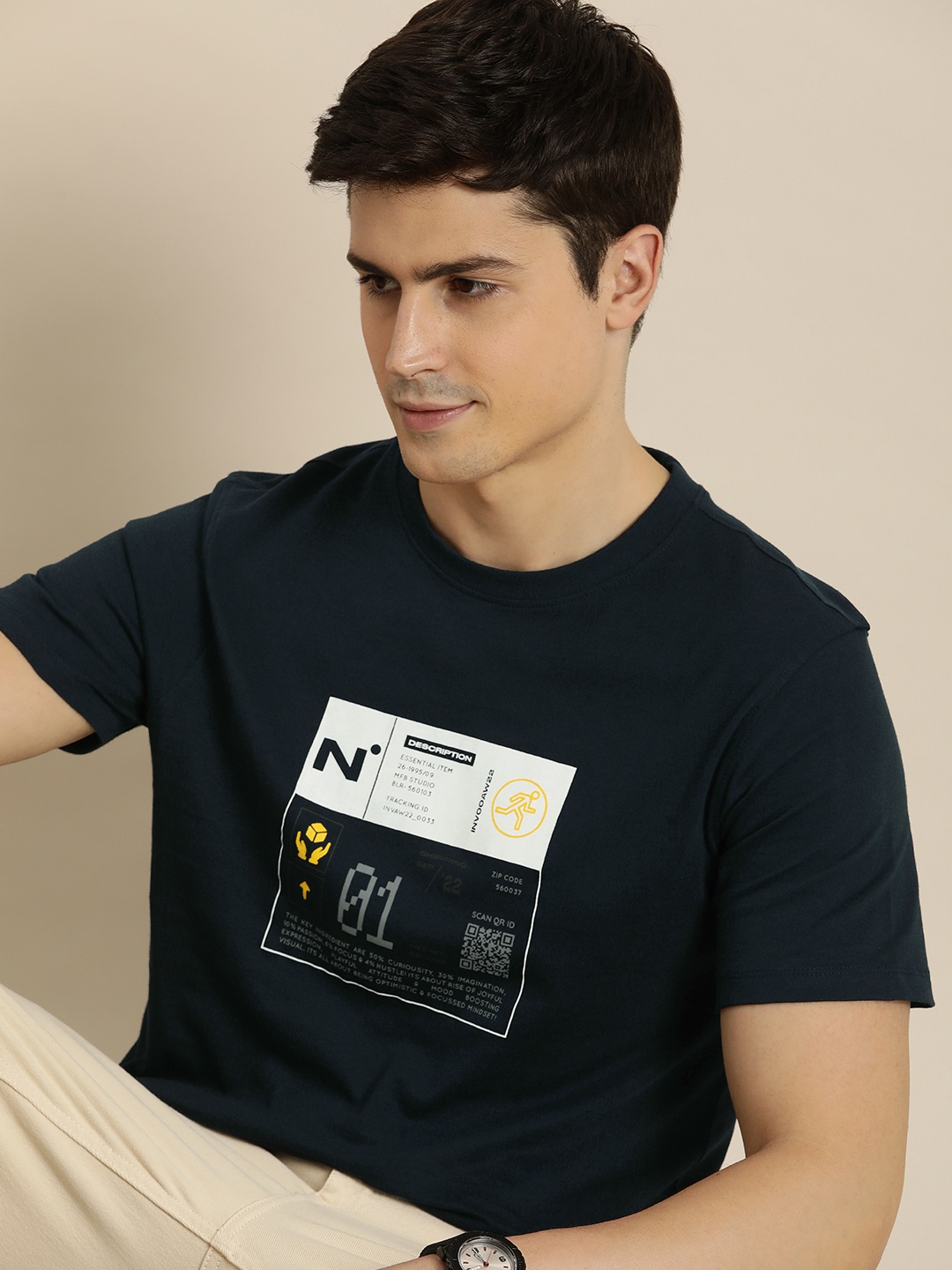 

INVICTUS Pure Cotton Typography Printed Casual T-shirt, Navy blue