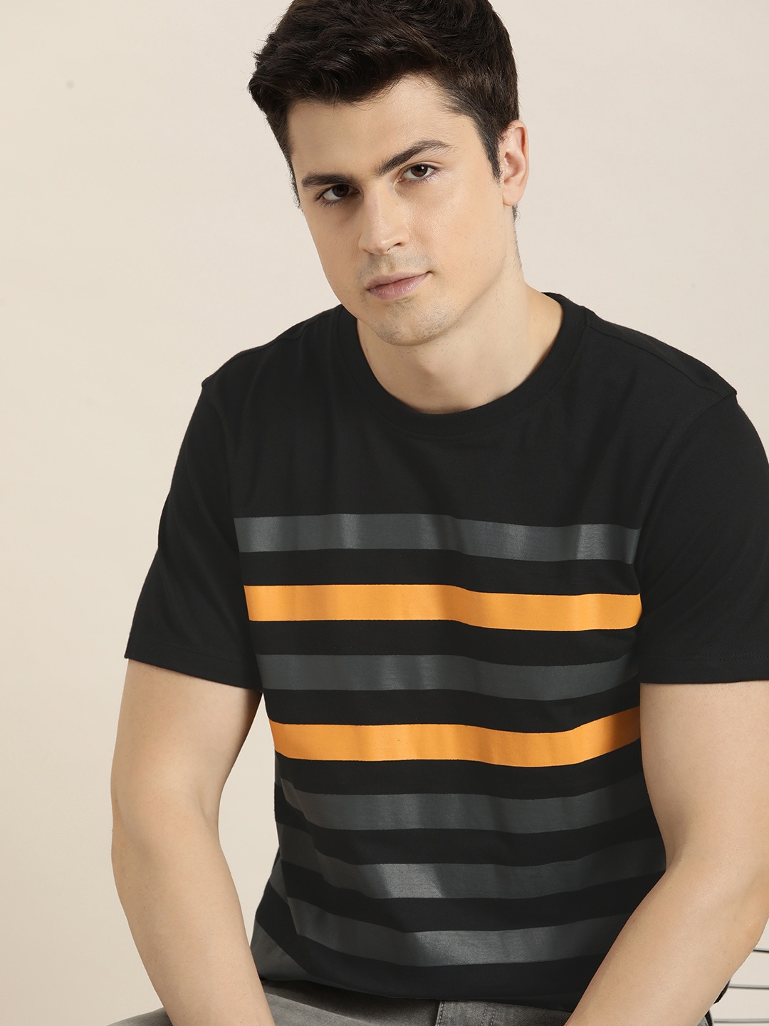 

INVICTUS Striped Pure Cotton T-shirt, Black