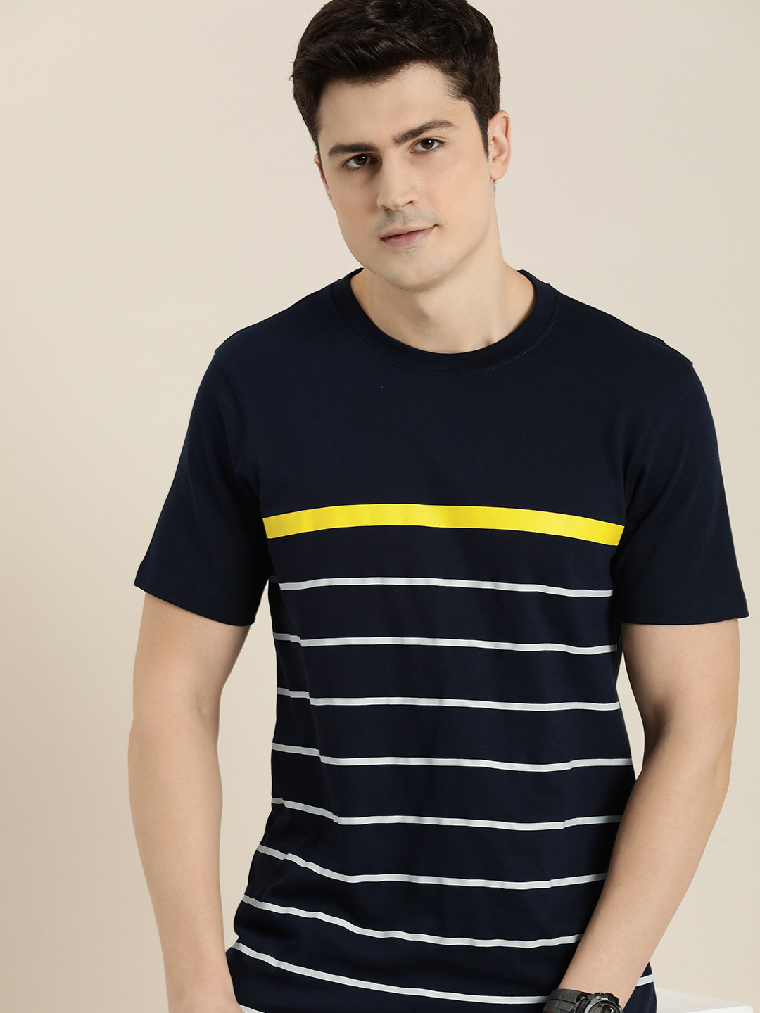 

INVICTUS Striped Pure Cotton T-shirt, Navy blue
