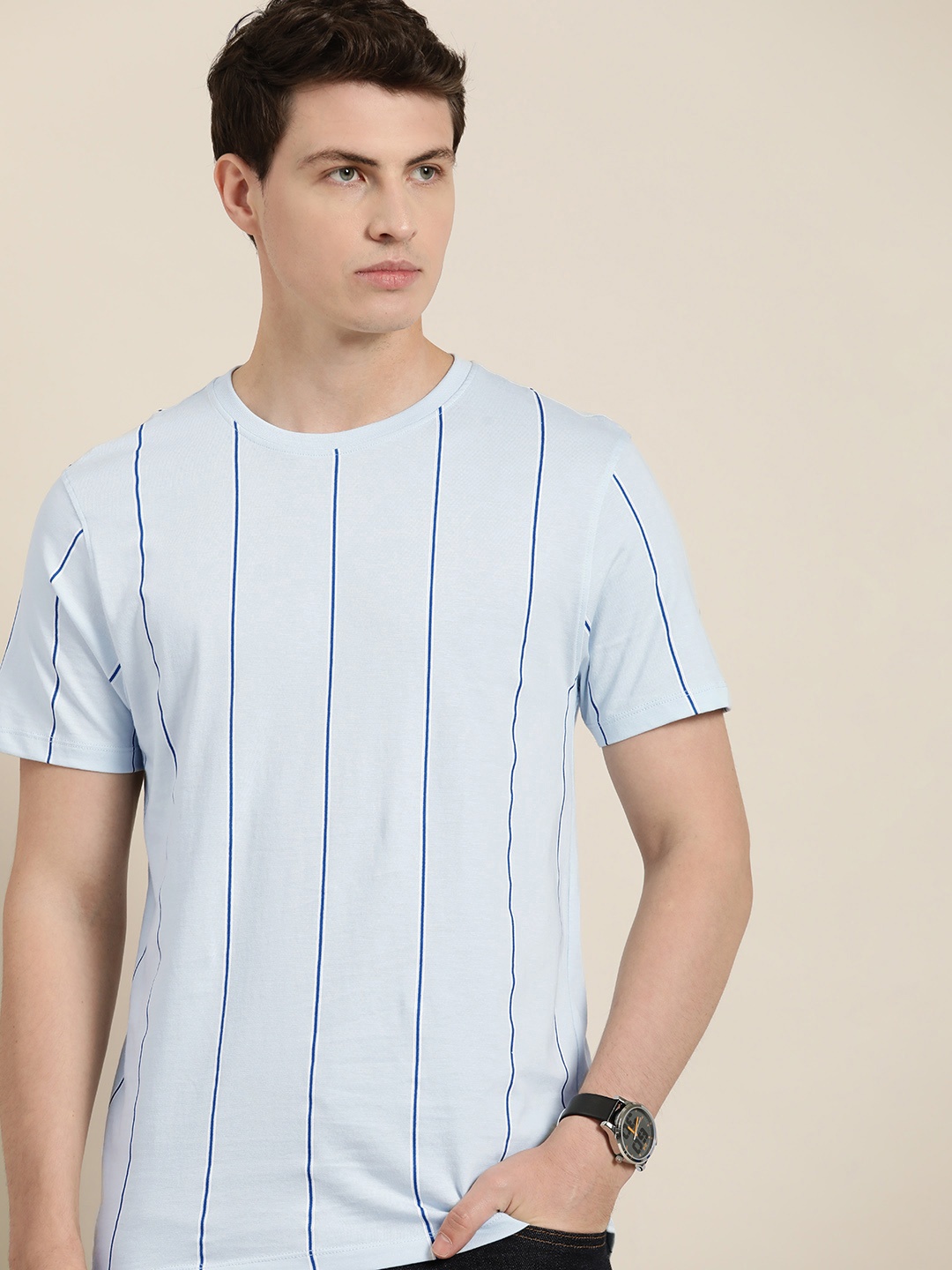 

INVICTUS Striped Pure Cotton T-shirt, Blue