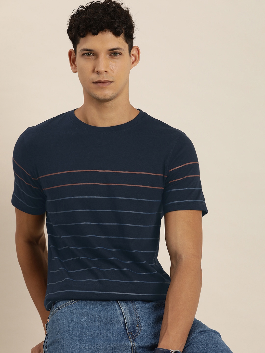 

INVICTUS Striped Pure Cotton T-shirt, Navy blue