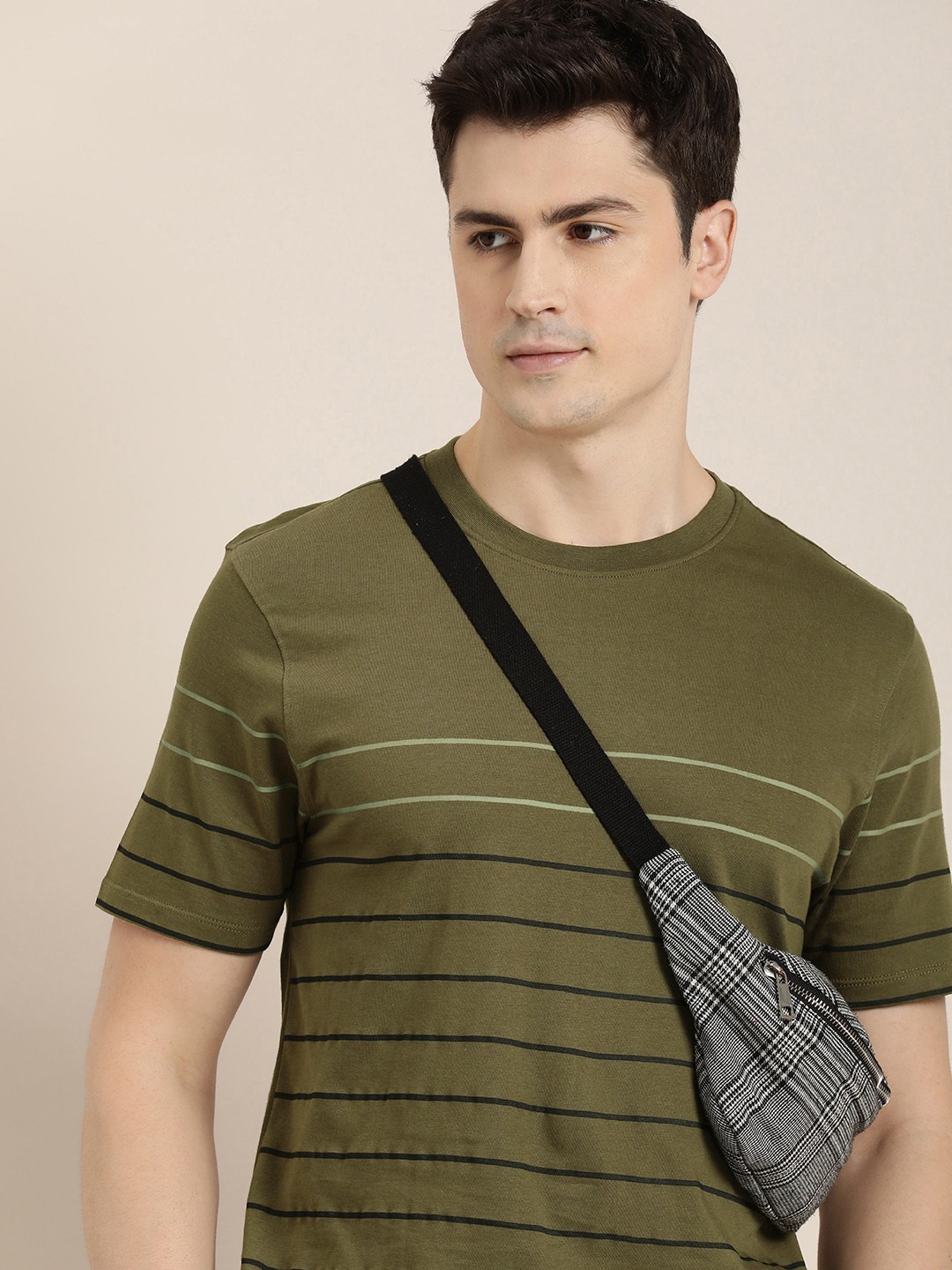 

INVICTUS Round Neck Striped Pure Cotton T-shirt, Olive