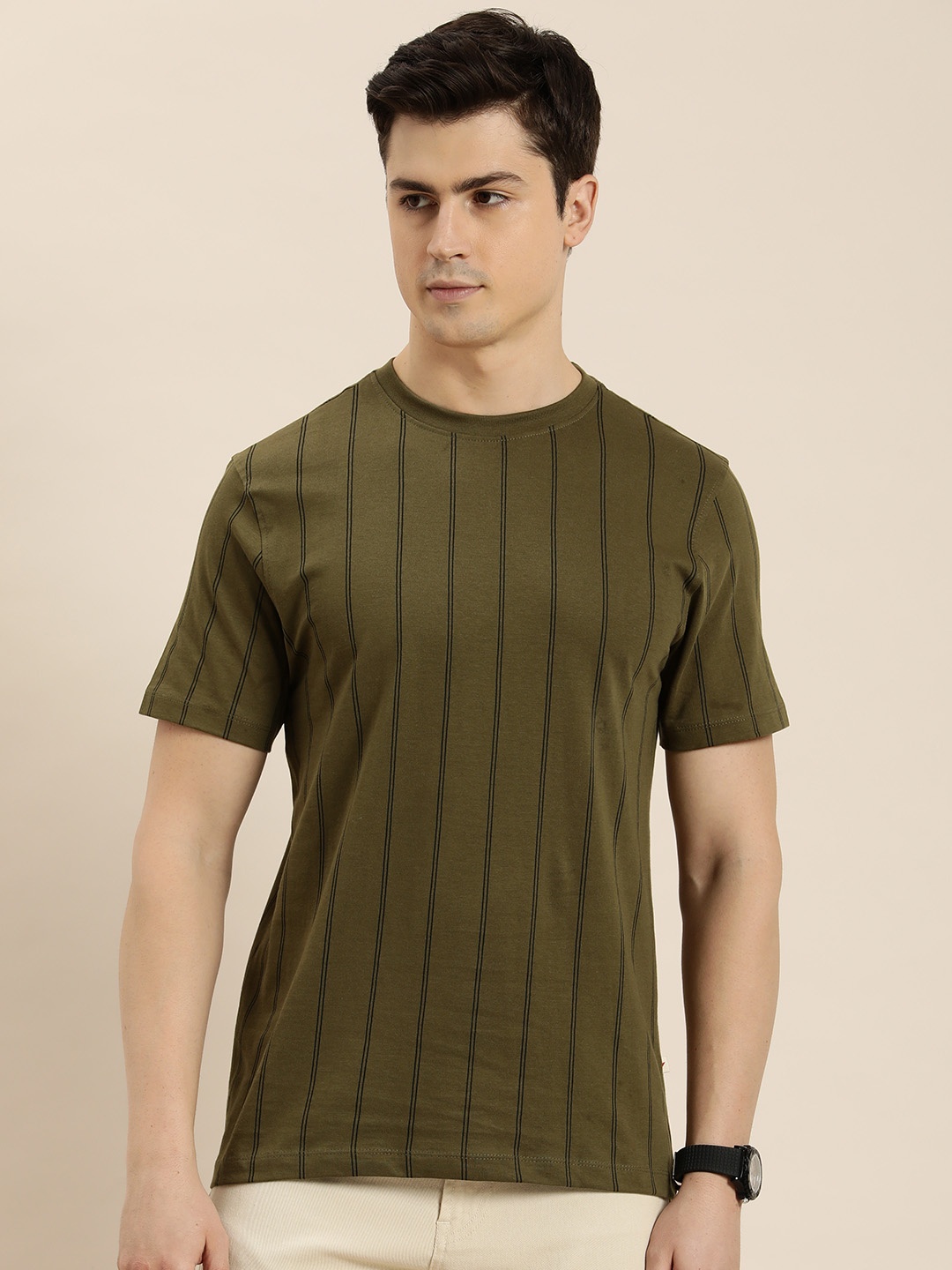 

INVICTUS Pure Cotton Striped Casual T-shirt, Olive