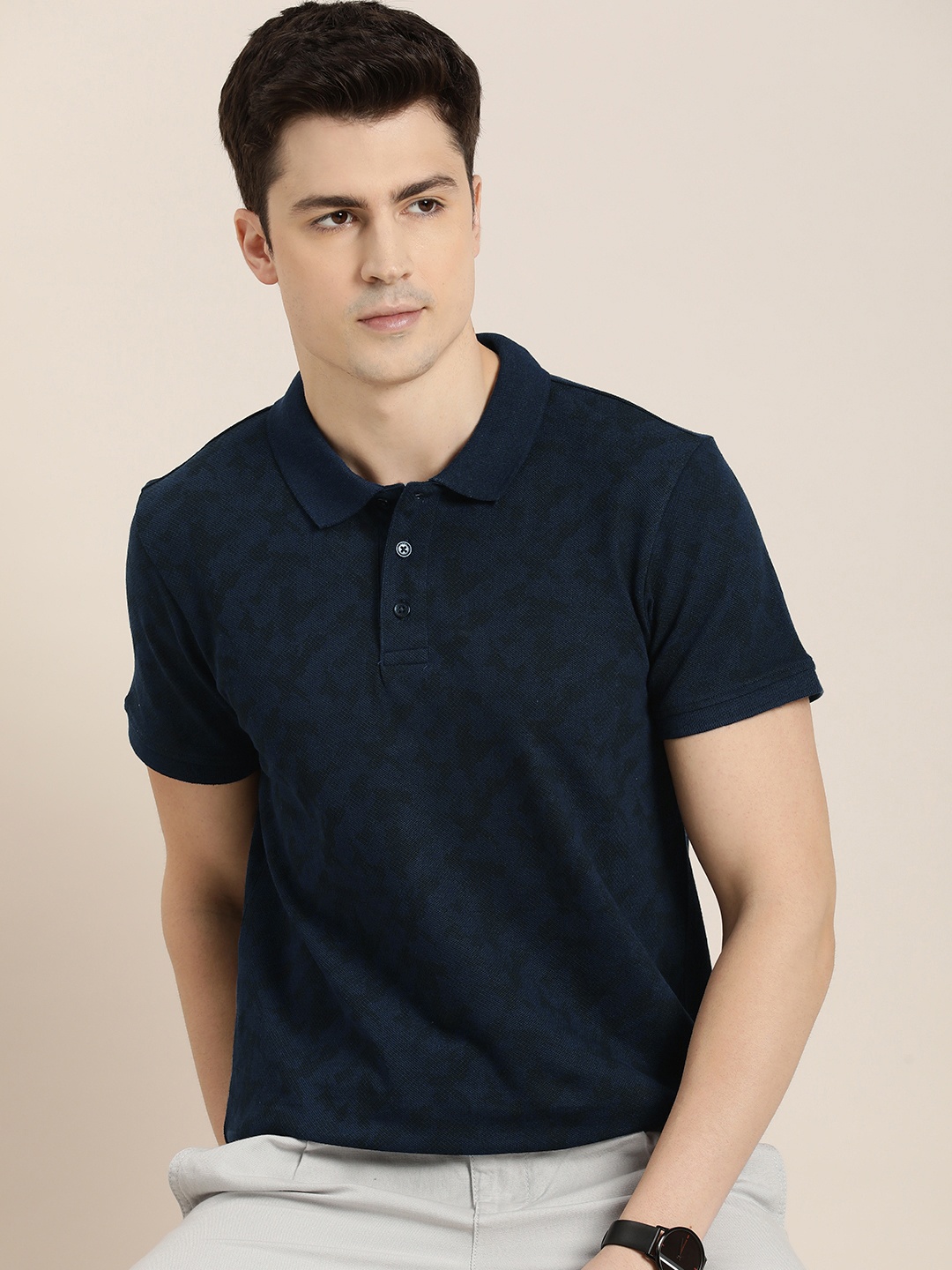 

INVICTUS Short Sleeves Abstract Printed Polo Collar T-shirt, Navy blue