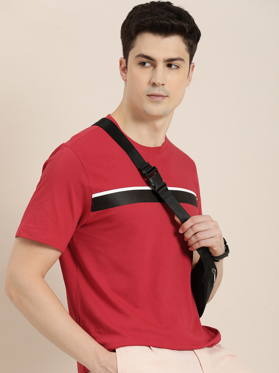 

INVICTUS Round Neck Striped Pure Cotton T-shirt, Red