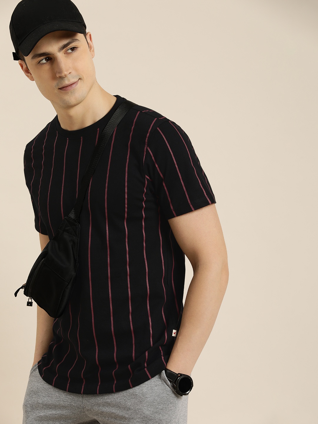 

INVICTUS Striped Pure Cotton T-shirt, Black
