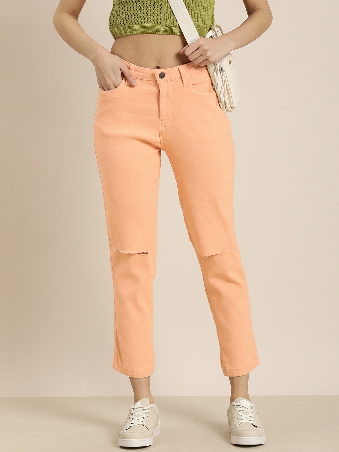 

Moda Rapido Women High-Rise Slash Knee Stretchable Jeans, Peach