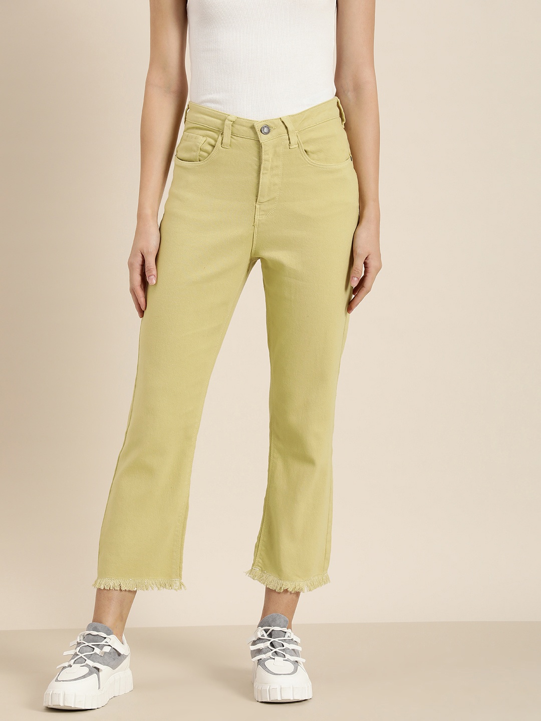 

Moda Rapido Women Straight Fit High-Rise Stretchable Cropped Frayed hem Jeans, Lime green