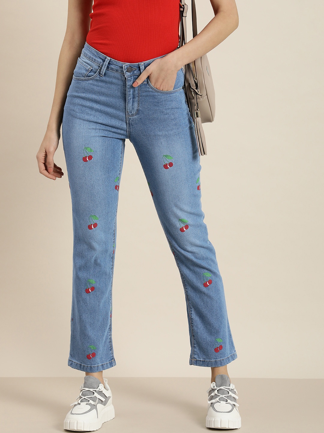 

Moda Rapido Women Light Fade Cherry Printed Stretchable Cropped Jeans, Blue