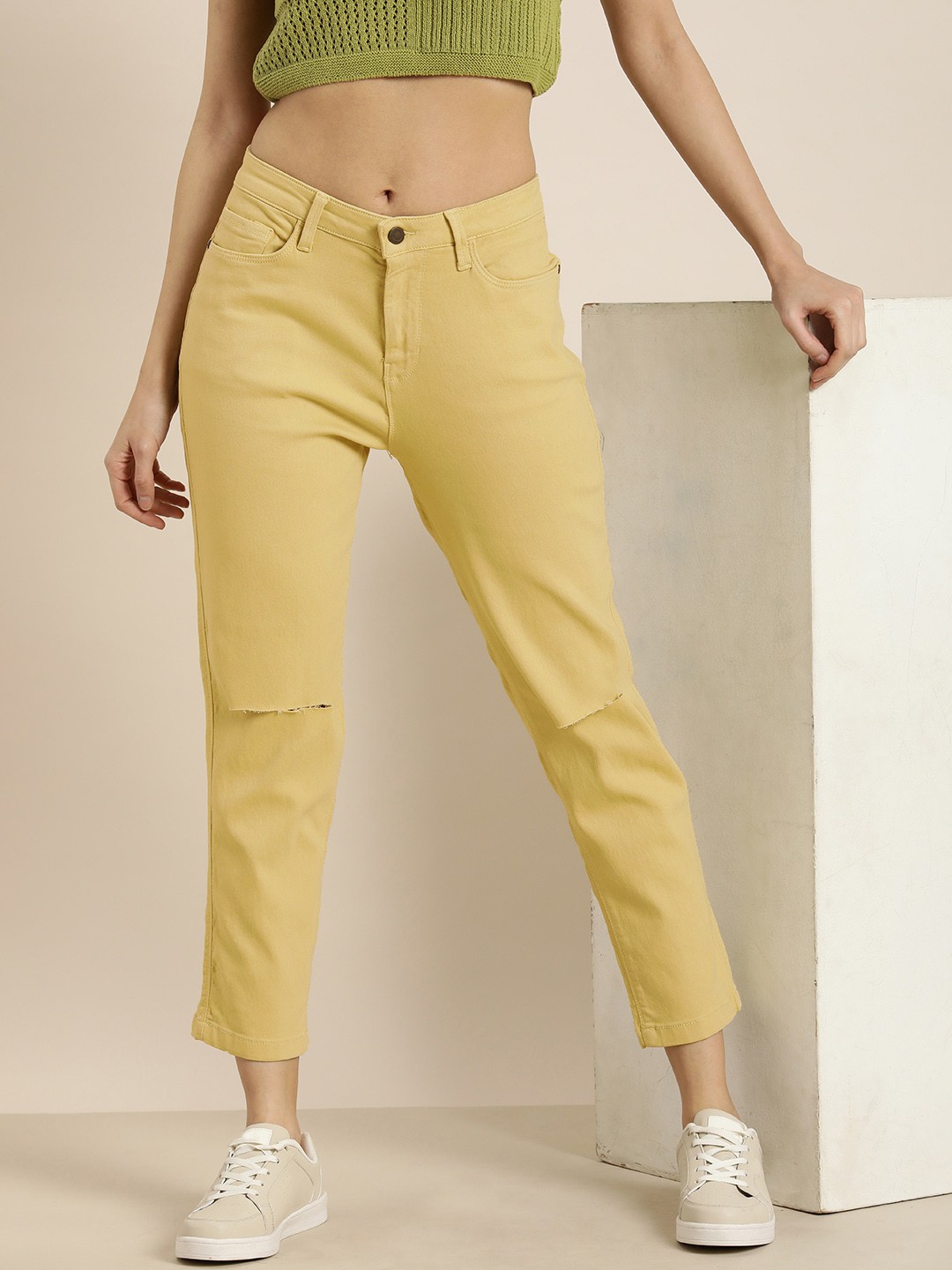

Moda Rapido Women High-Rise Slash Knee Stretchable Jeans, Yellow