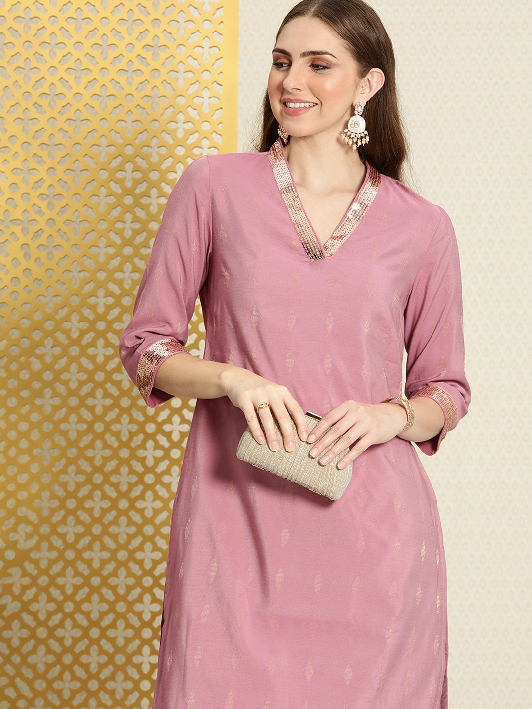

House of Pataudi V-Neck Woven Design Sequined Embellished Jashn Kurta, Mauve