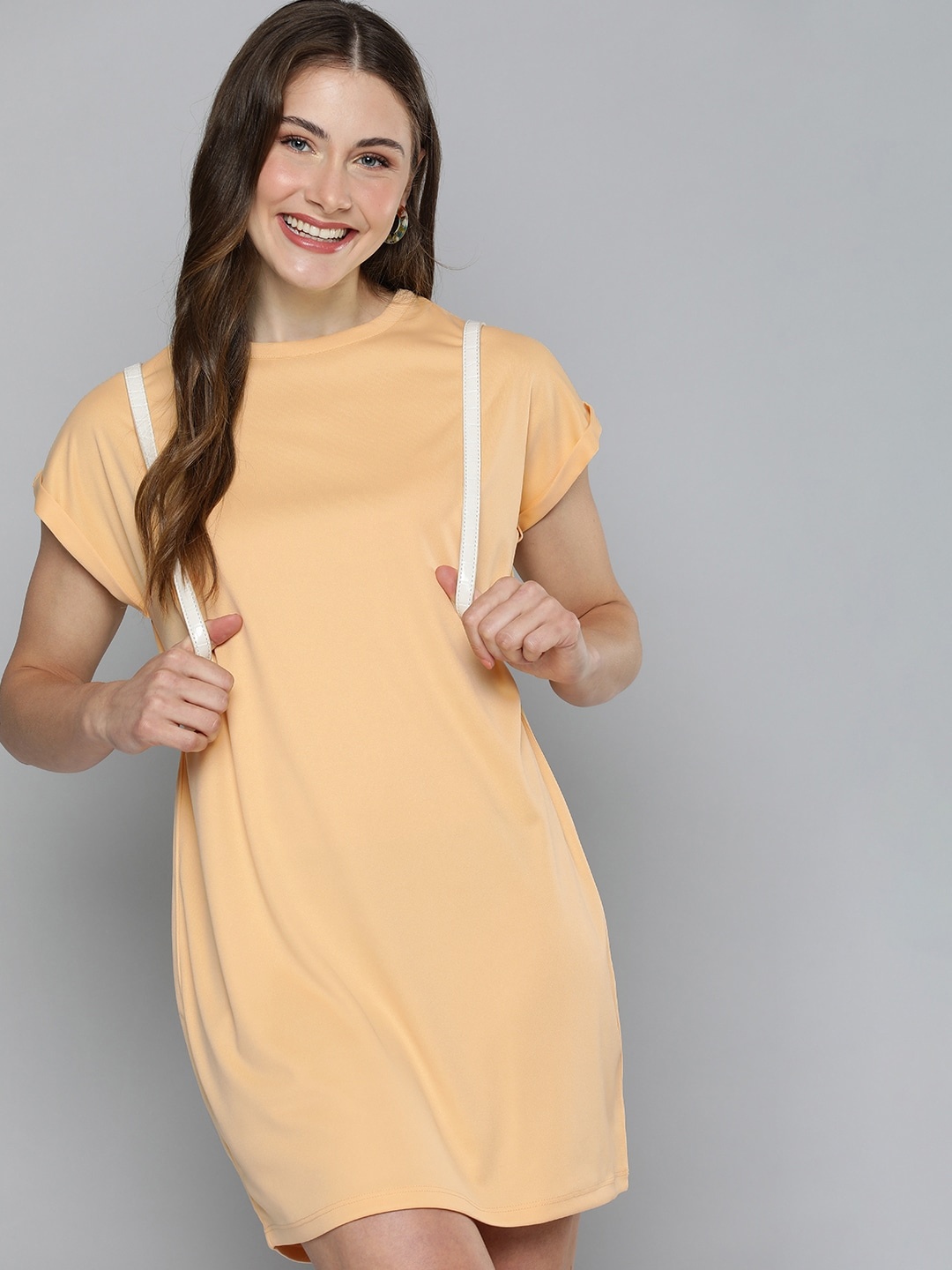 

HERE&NOW Solid Round Neck Extended Sleeves Mini T-shirt Dress, Yellow