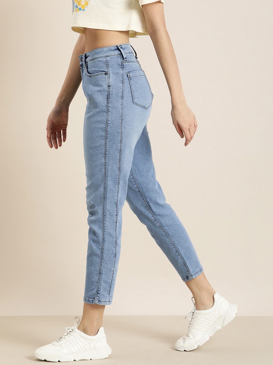 

Moda Rapido Tapered Fit High-Rise Low Distress Stretchable Jeans, Blue