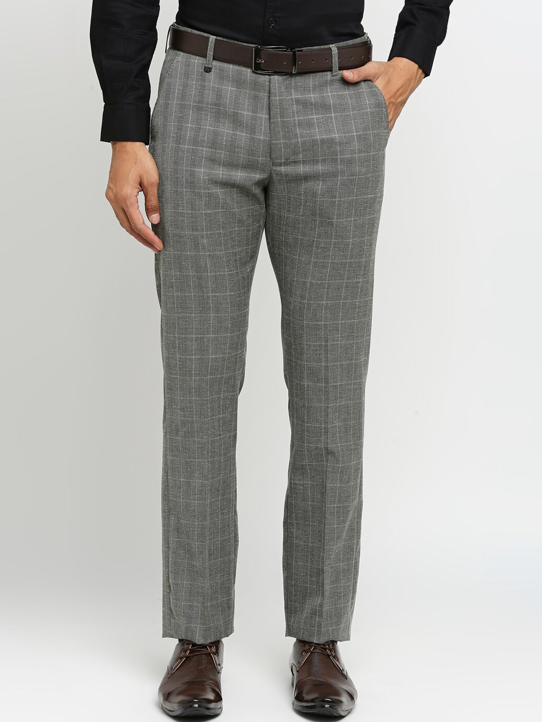 

Solemio Men Checked Slim Fit Easy Wash Formal Trousers, Olive