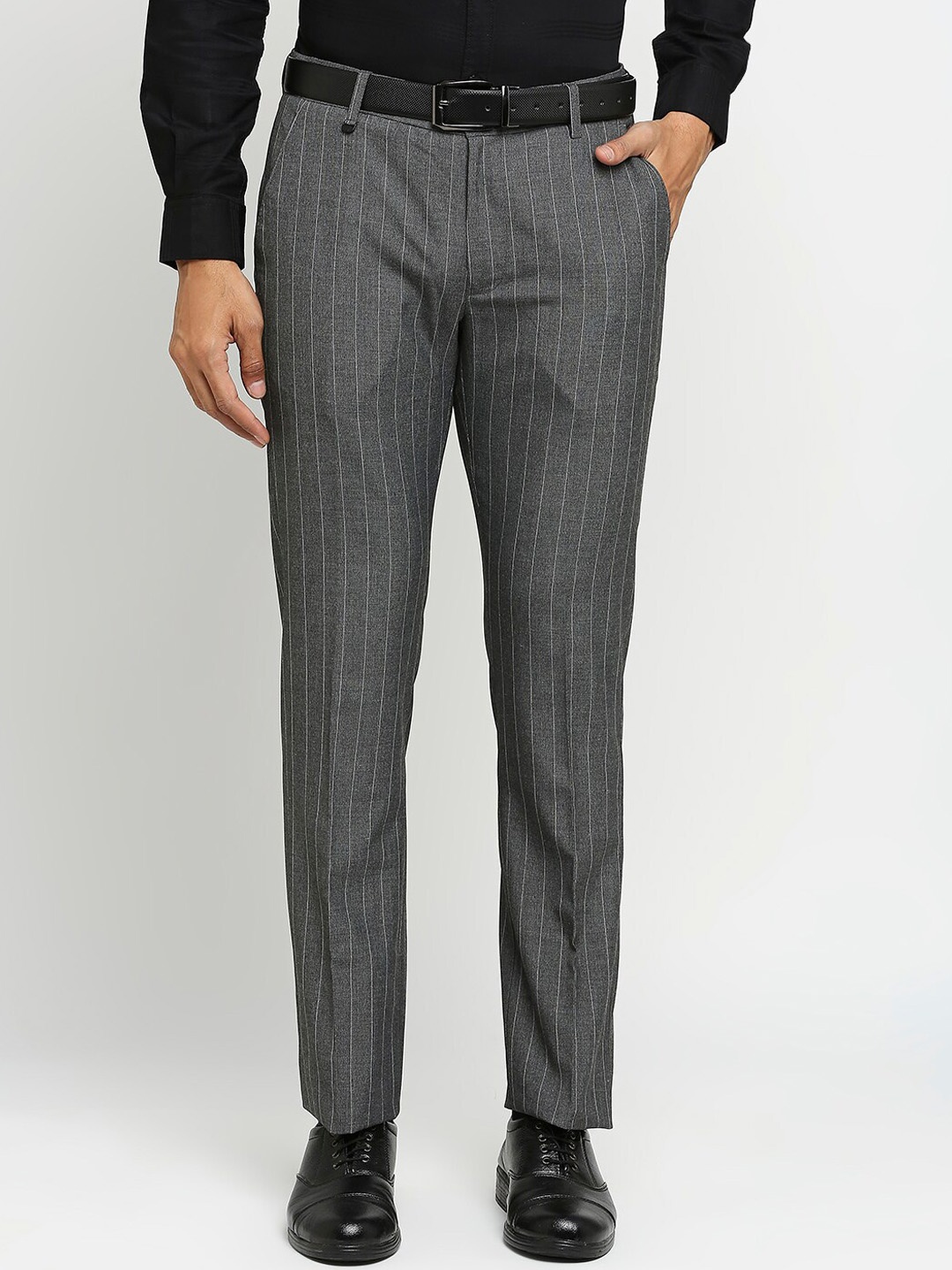 

Solemio Men Striped Slim Fit Easy Wash Formal Trousers, Grey