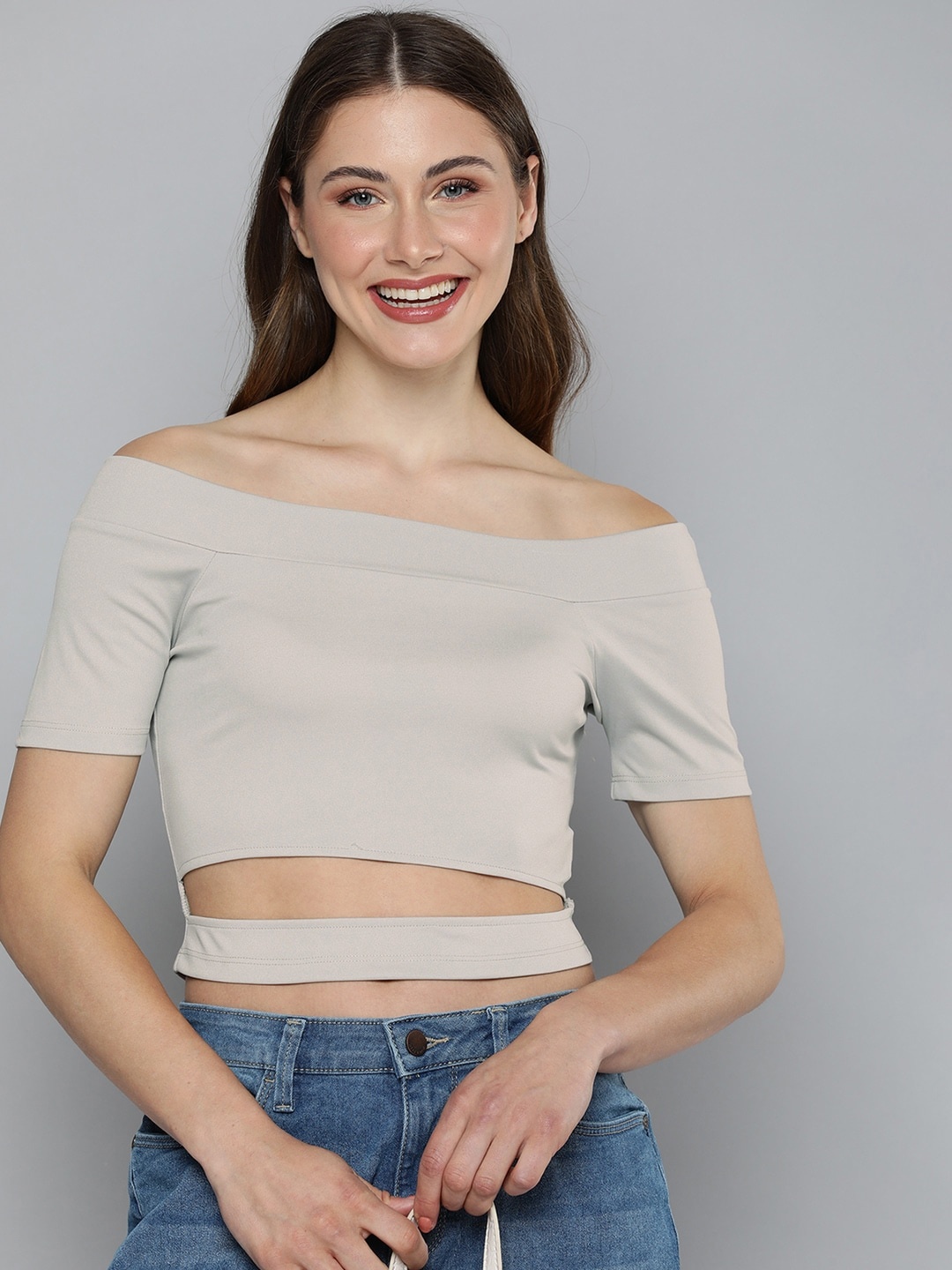 

HERE&NOW Solid Off-Shoulder Crop Top With Cut Out Detailing, Grey